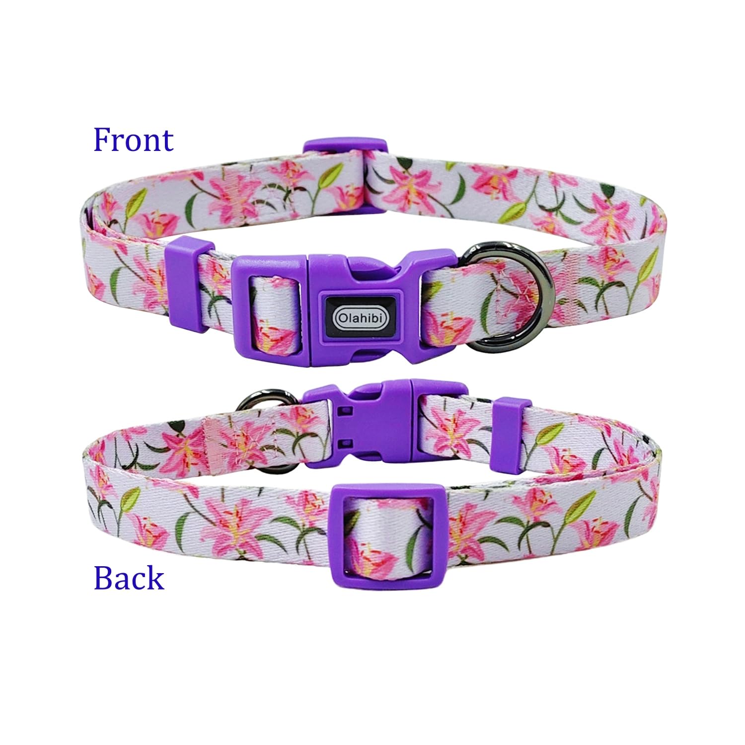 Olahibi Dog Collar And Leash Set, Lily Floral Pattern, Polyester Material, 5Ft Leash, For Medium Dogs.(M, Purple Lily)