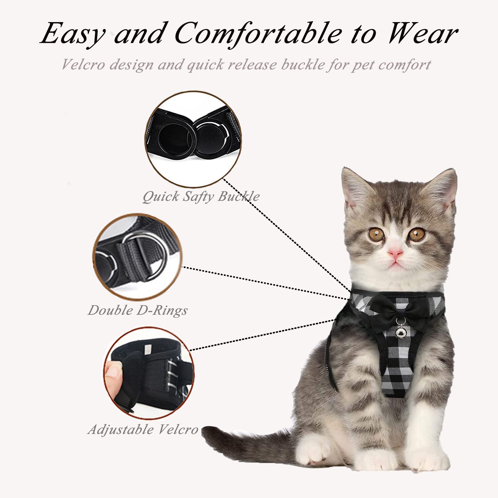 BLUWTE Cat Harness and Leash Escape Proof,Breathable Soft Kittens Vest for Cats Dogs, Escape Proof with Bell and Bow-Knot Decora