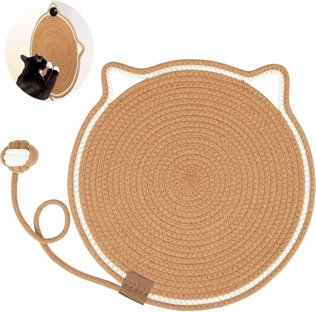 3In1 Cat Scratching Mat  15.7 Inch Round Cotton Rope Scratching Pad With Cat Ear Design, Reversible Floor & Hanging Wall Scra