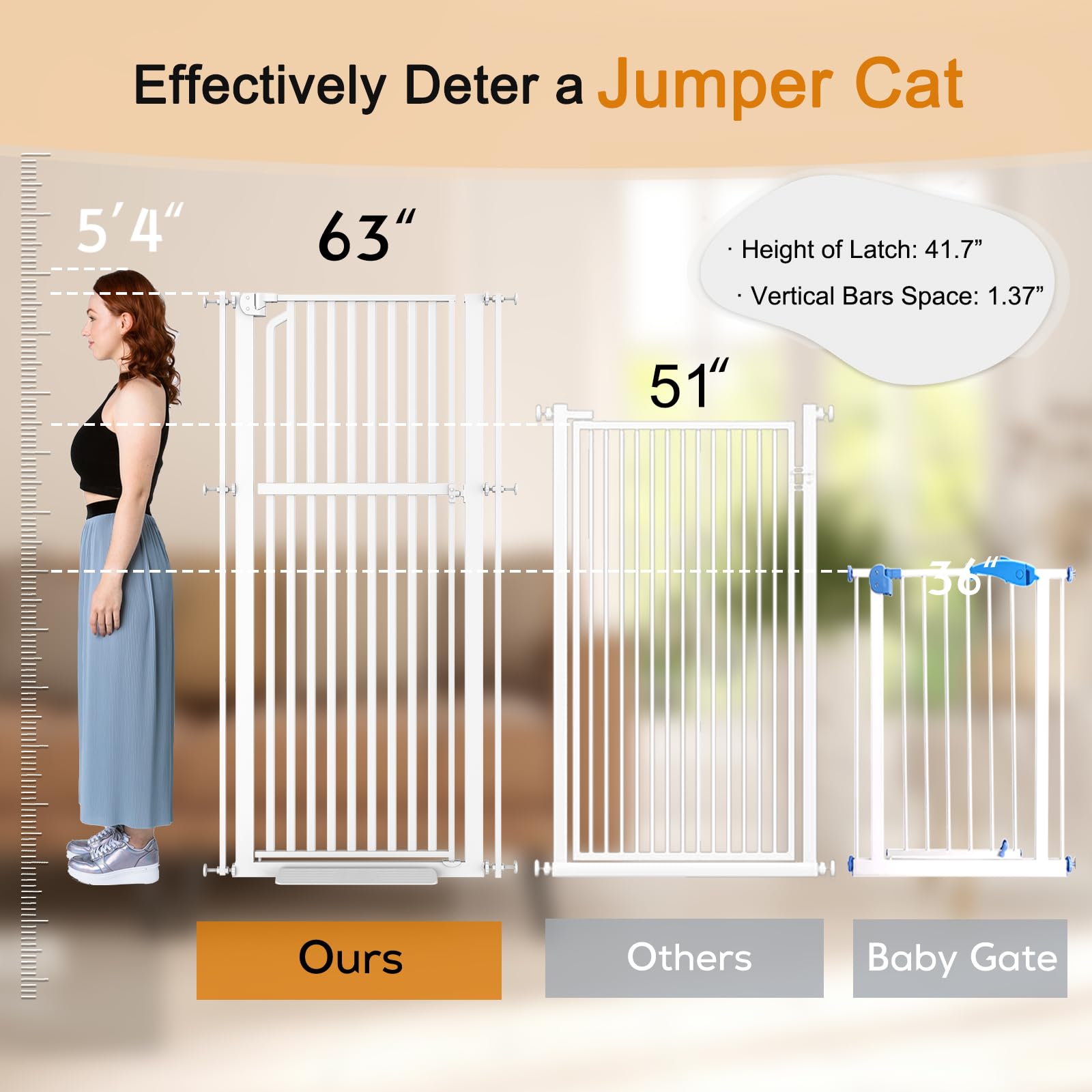 Senneny Extra Tall Cat Gate - Auto Close & One-Hand Open, Fits 33.4”-37.4” Wide, Metal, White, No Drilling Kits Included