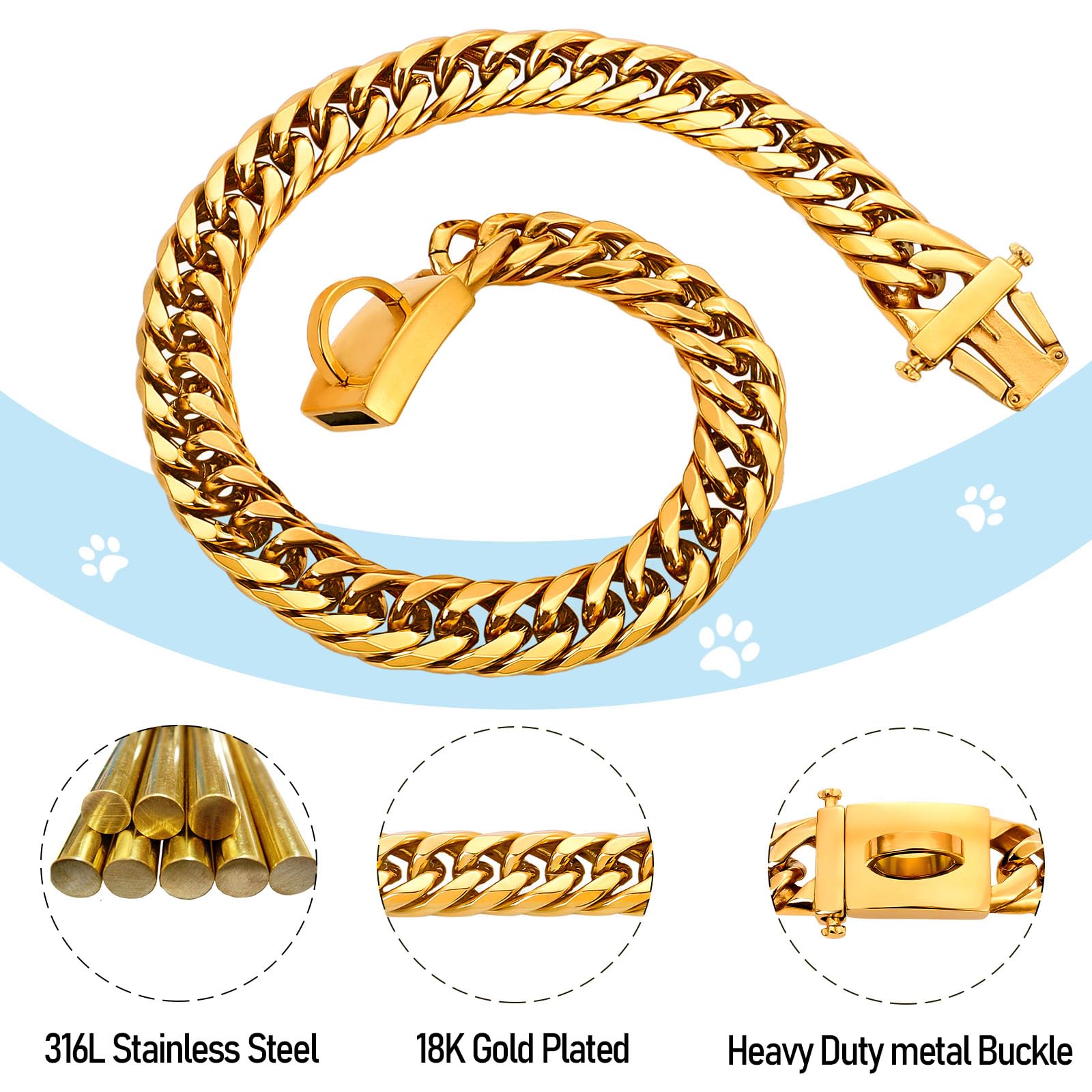 Baobote Silver Chain Dog Collar, 16Mm Heavy Duty Cuban Link Collar With Secure Snap Buckle, Chew Proof For Dogs (16'' Silver)