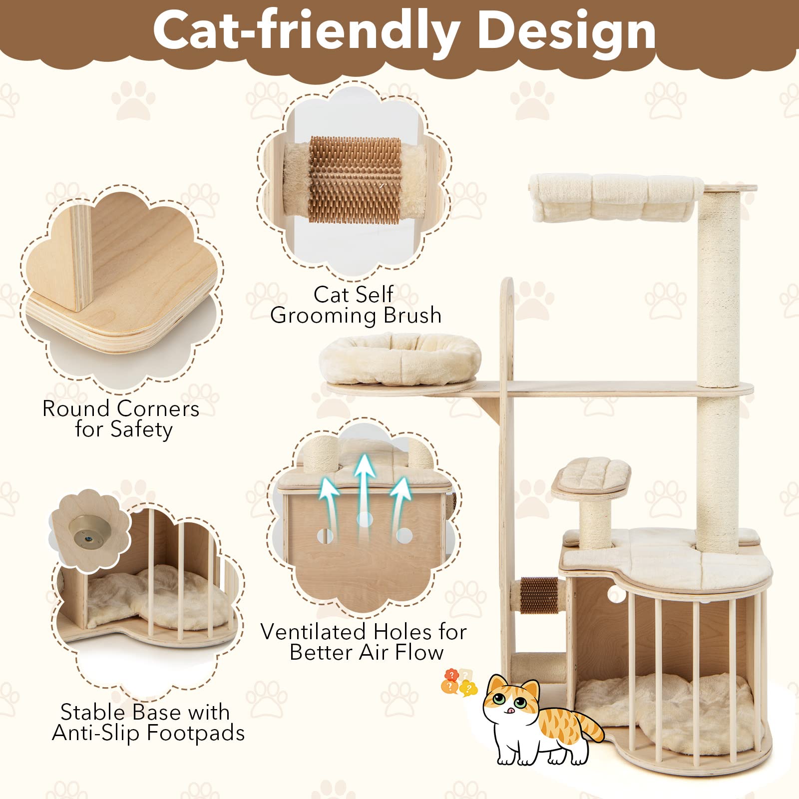 Tangkula Tall Cat Tree For Indoor Cats, 55 Inch Multi-Level Cat Tower Activity Center With Hammock, Cat Condo, Sisal Scratching Posts & Washable Cushions, Wooden Modern Cat Tree Houses For Large Cats