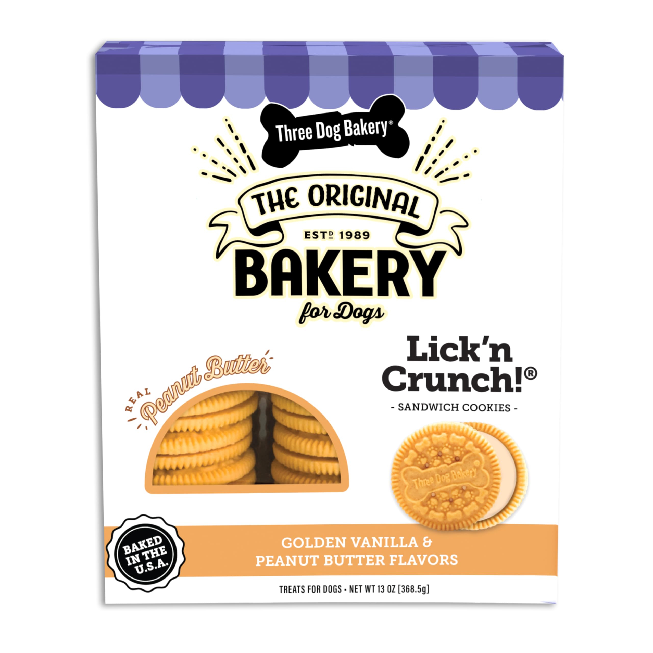 Three Dog Bakery Classic Cremes Baked Dog Treats, Golden with Peanut Butter Filling, 13 oz,Brown,310077