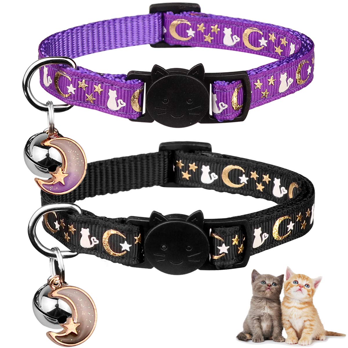2Pcs Breakaway Cat Collars With Bell Cute Kitty Glow In The Dark Adjustable Kitten Collars 7.9-13.0 Inch(Purple&Black)