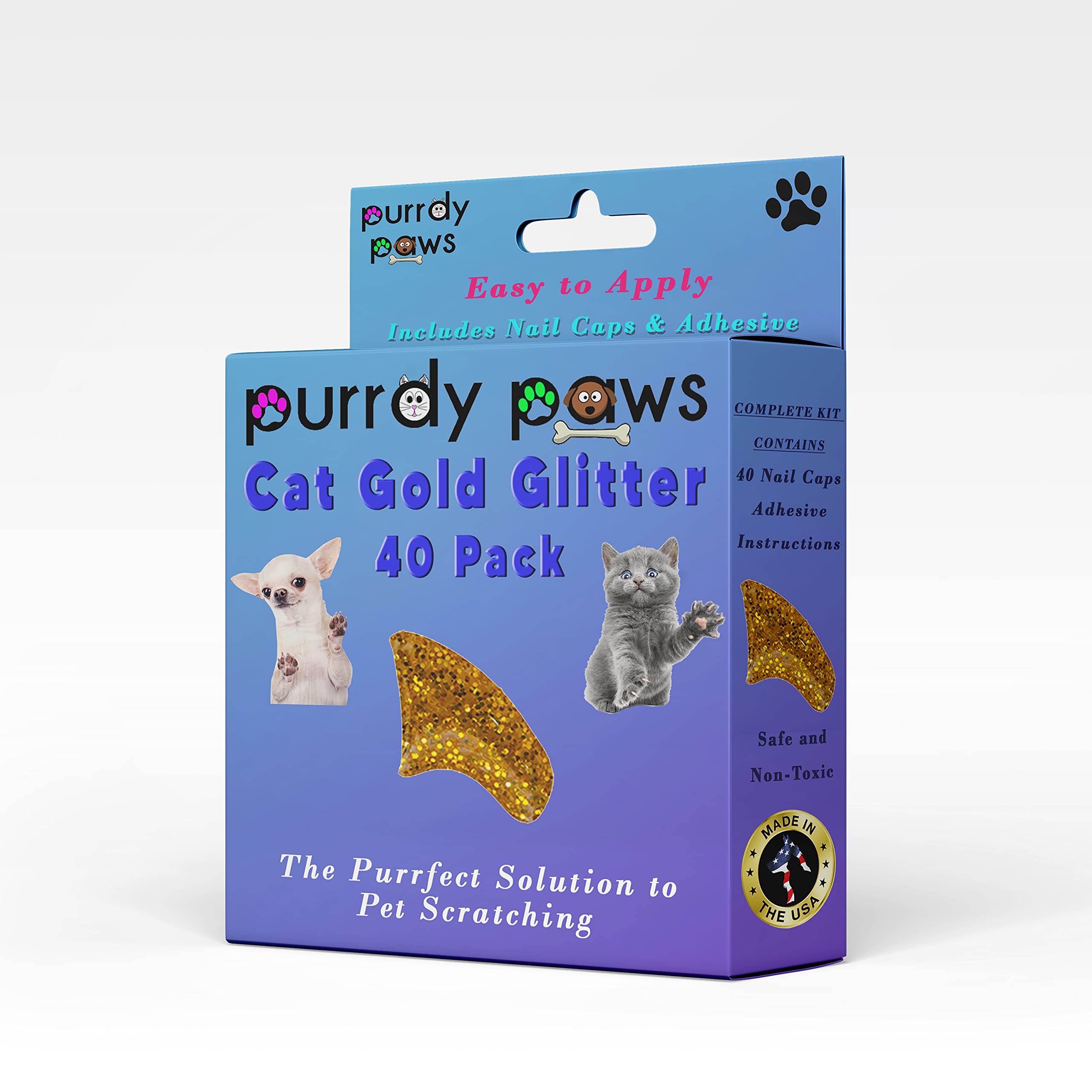 Purrdy Paws 40 Pack Soft Nail Caps For Cat Claws Gold Glitter Large