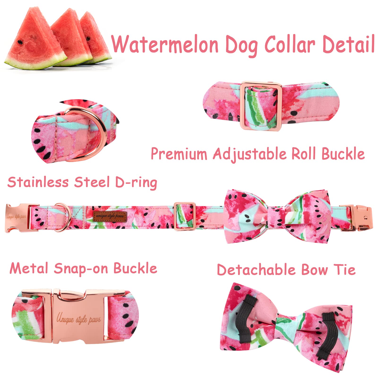 Unique Style Paws Bowtie Dog Collar Cotton Watermelon Collar Adjustable Summer Collar For Small Medium Large Dogs - Xs