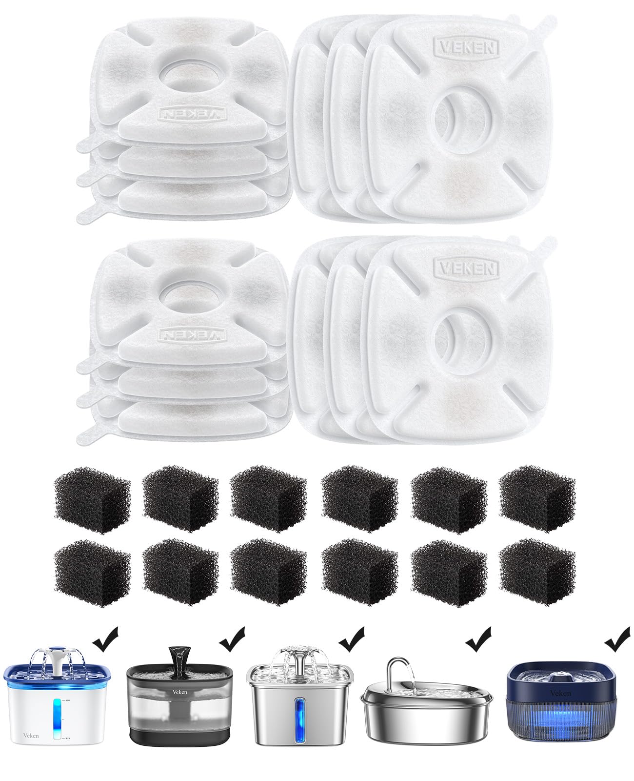 Veken Cat Water Fountain Filter, Classic 12 Pack Replacement Filters & 12 Pack Replacement Pre-Filter Sponges For 67Oz, 95Oz, 13