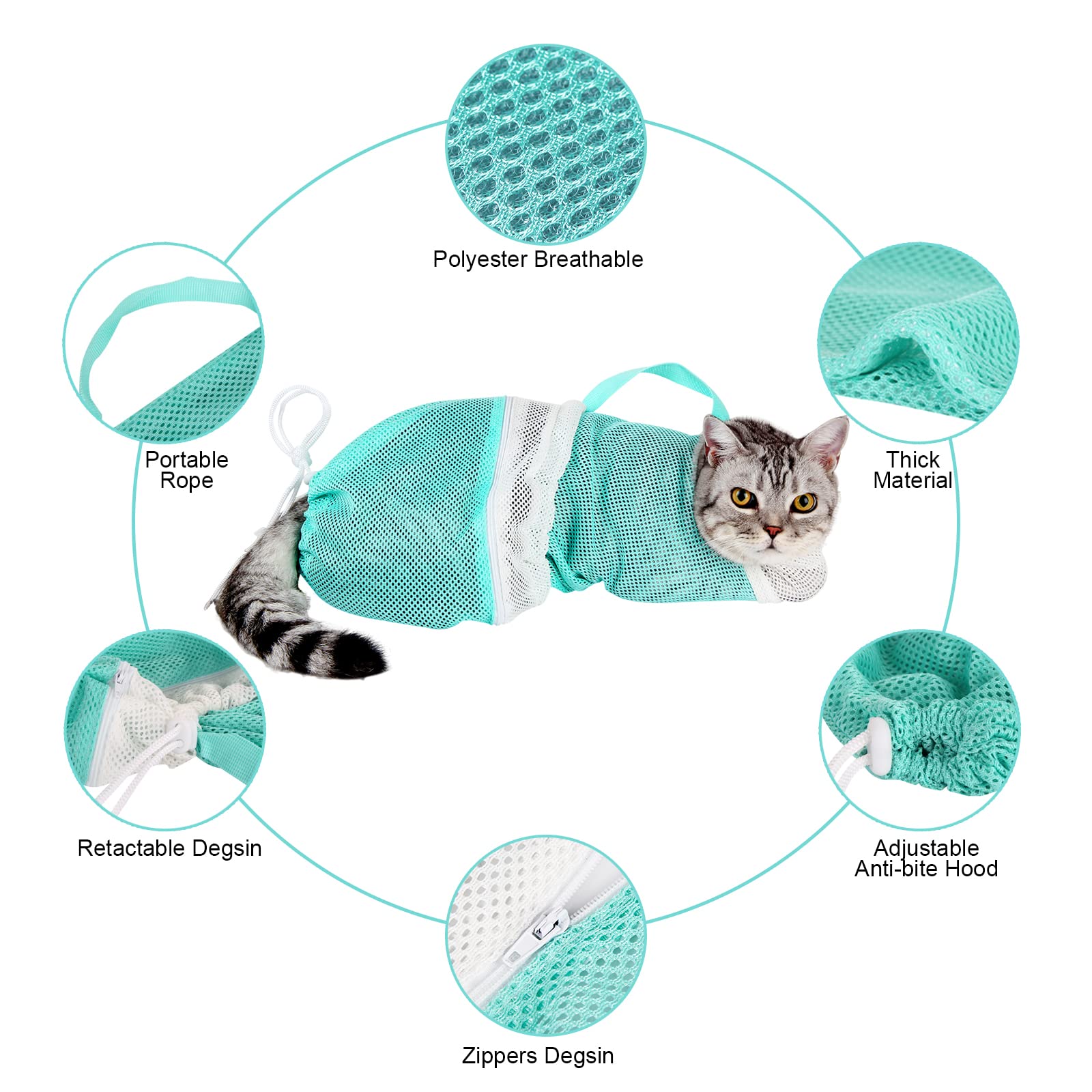 Cat Bag for Bathing Set with Cat Grooming Washing Bag Adjustable Pet Shower Brush - Cat Bathing Mesh Bag Anti Scratch Anti Bite