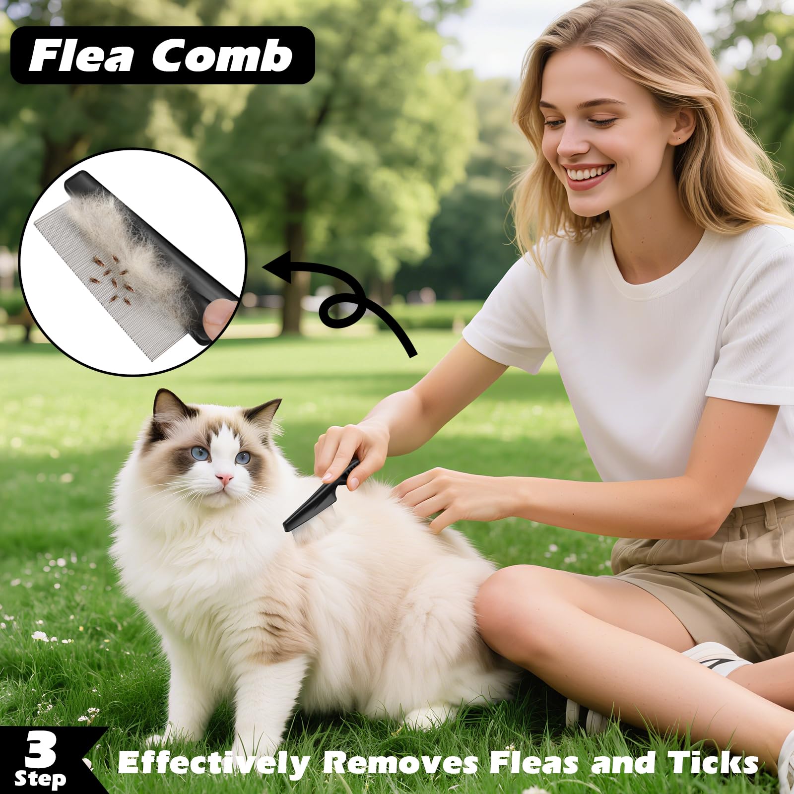 Augwind 3PCS Self Cleaning Pet Grooming Set - Slicker Brush, Rake & Flea Comb, Nylon, Light Purple Black