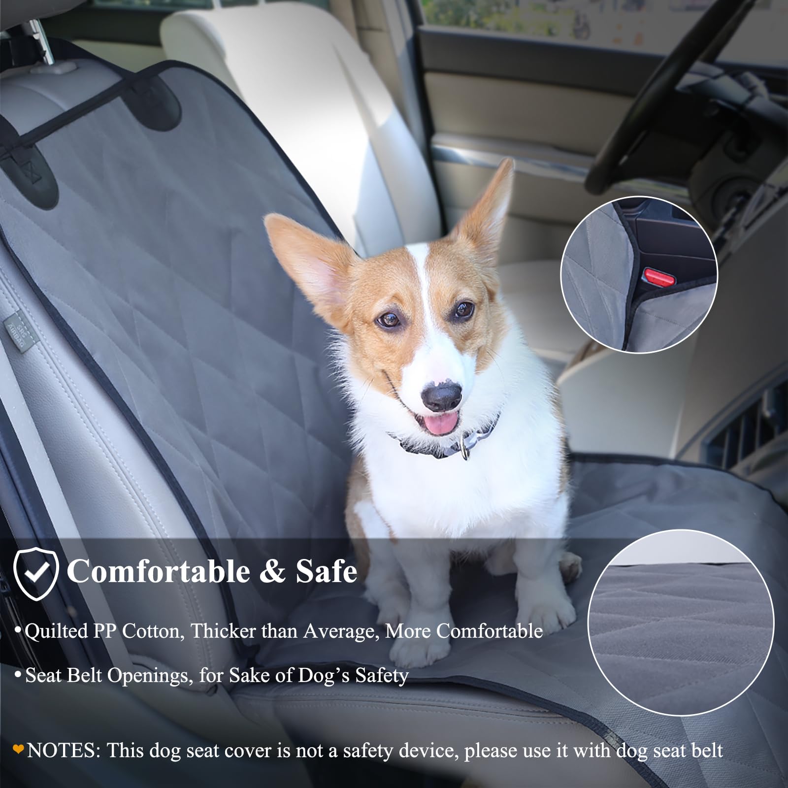 VIVAGLORY Dog Car Seat Covers, 2Pack Quilted 600D Oxford, No-Skirt Design, Anti-Slip for Most Cars & SUVs, Grey