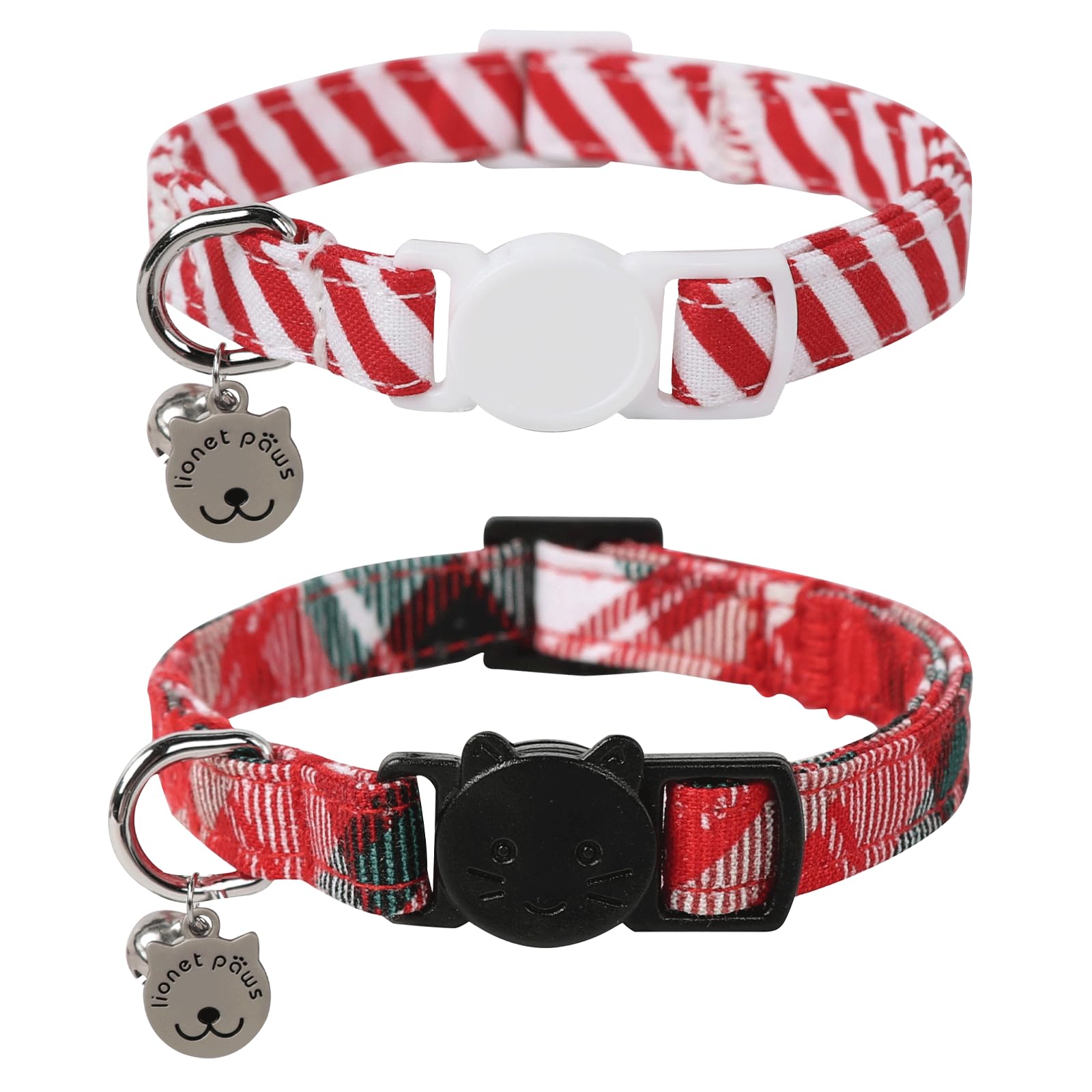 Lionet Paws 2Pcs Pack Cotton Cat Collar,Breakaway Buckle With Christmas Red Whtie Stripe Cute Adjustable Cat Kitten Collar,Ideal
