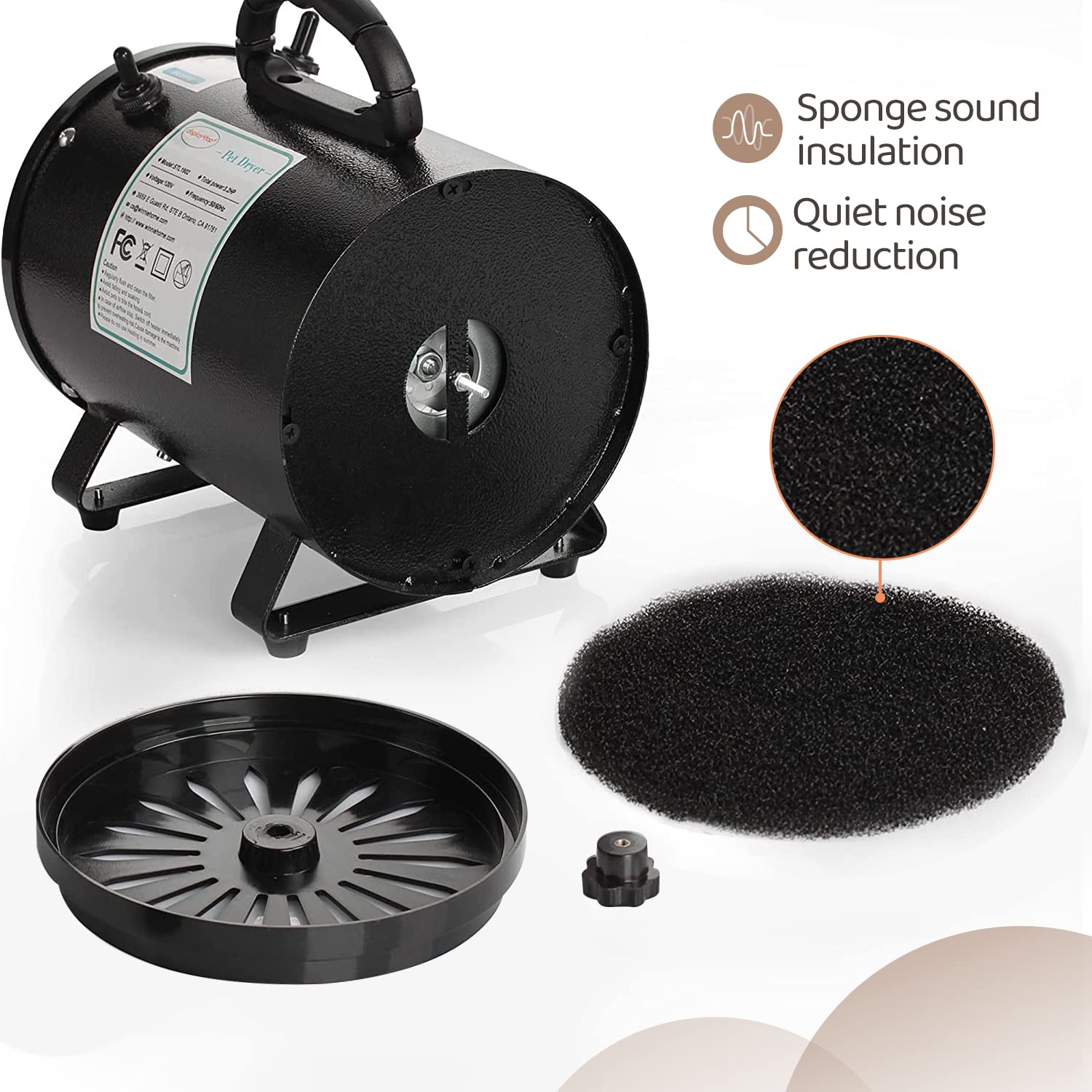 display4top Dog Dryer - 2400W High Velocity Pet Blower with Adjustable Heat & 3 Nozzles - 4 Piece Set - Black