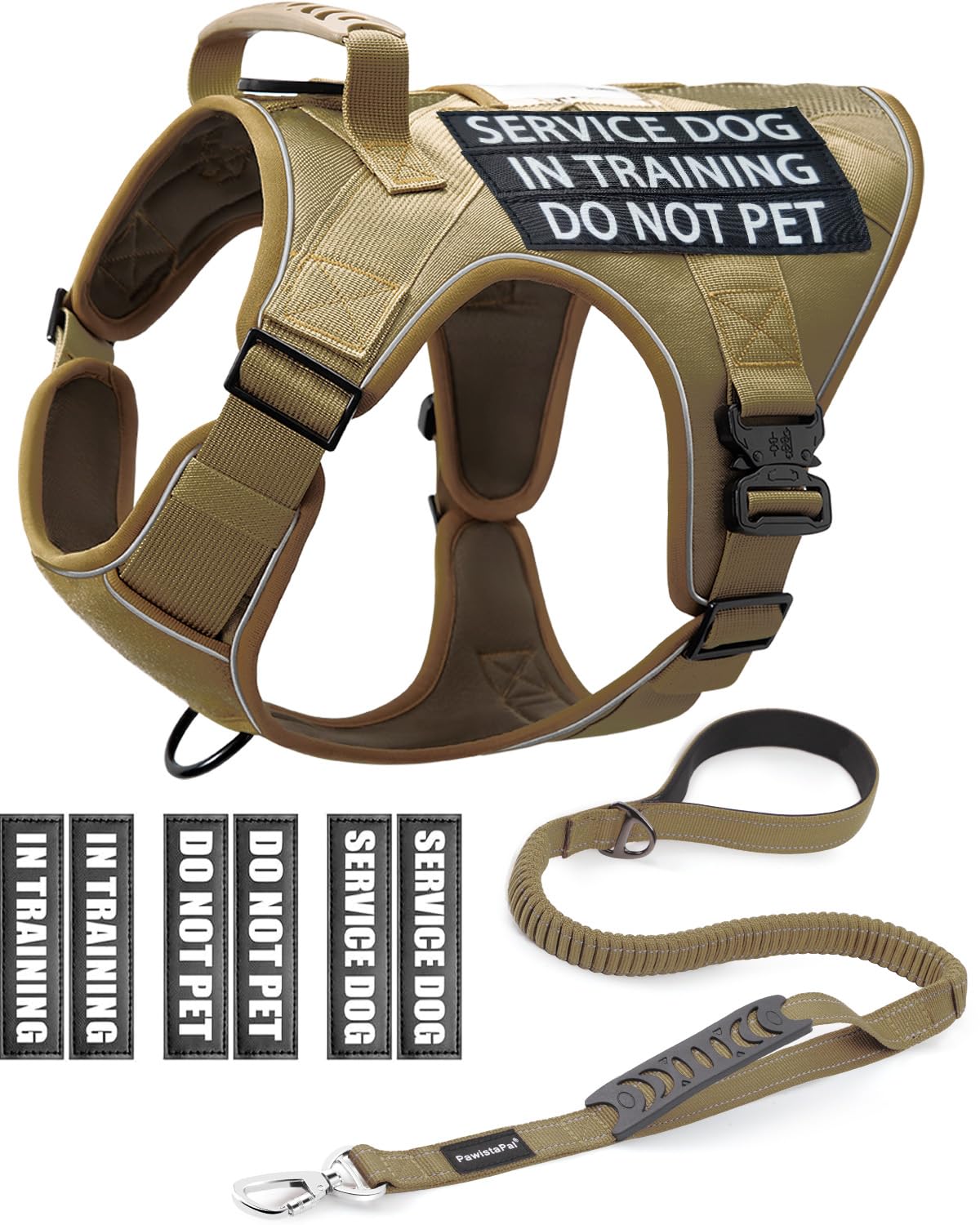 Reflective Service Dog In Training Vest Harness Leash Set For Medium Large Dogs, Adjustable Heavy Duty Brown Padded Dog Harness,