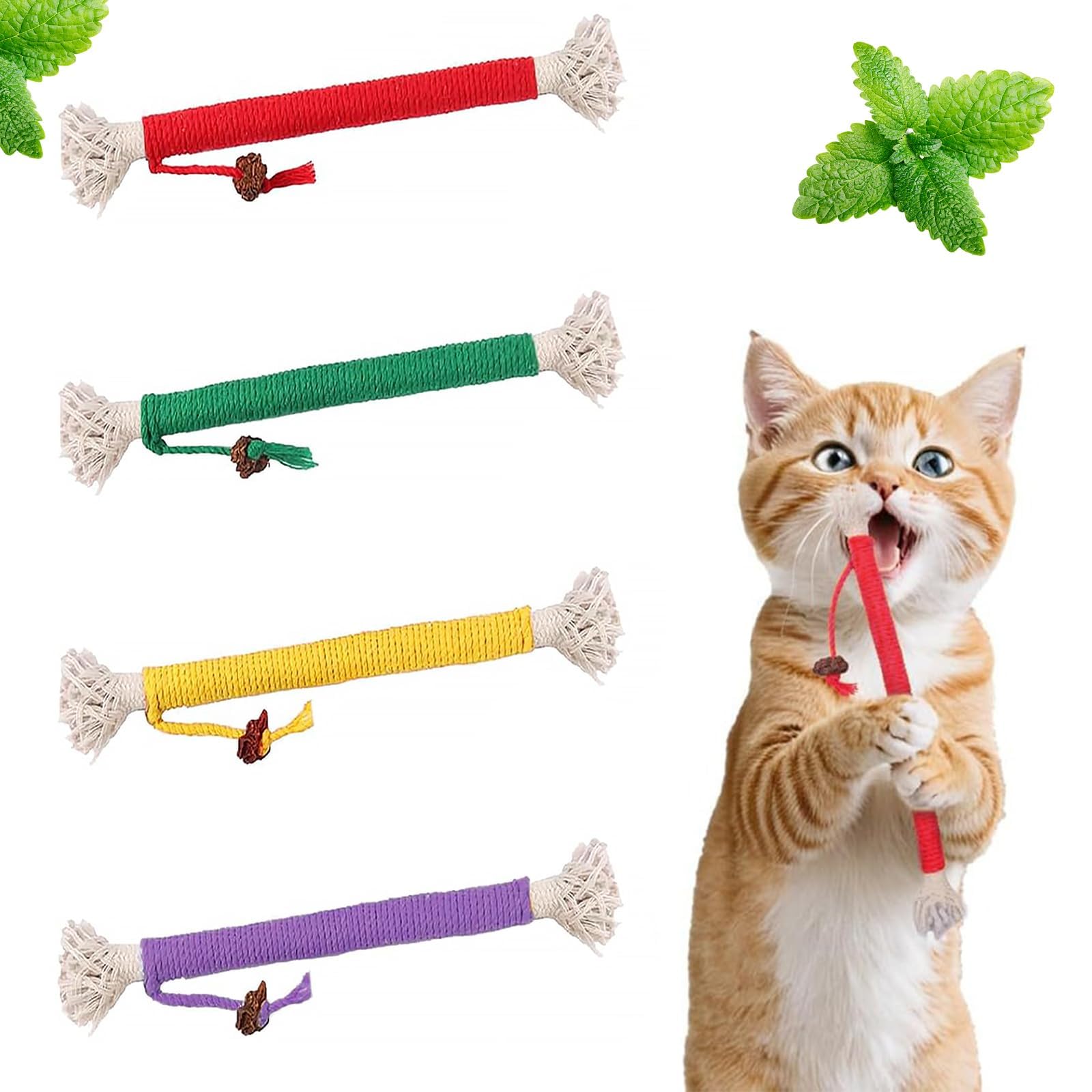 Pmeixcy 4 Pcs Cat Teeth Cleaning Kitten Teething Cat Nip Chewing Toy Rope,Filled Natural Catnip Stress Release Cotton Rope Toy,C
