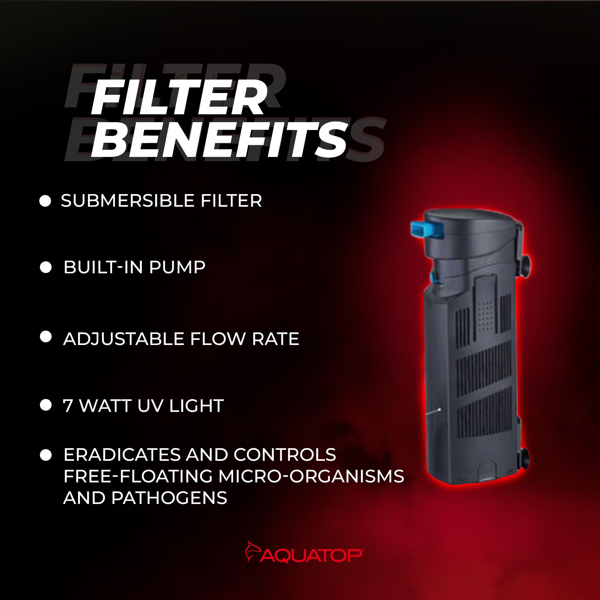 Aquatop Submersible Internal Filter - 72-126 GPH, Adjustable Flow Rate, UV 7, Black, Model AQUATOP-SP7-UV, Includes Replaceable Filter Sponge