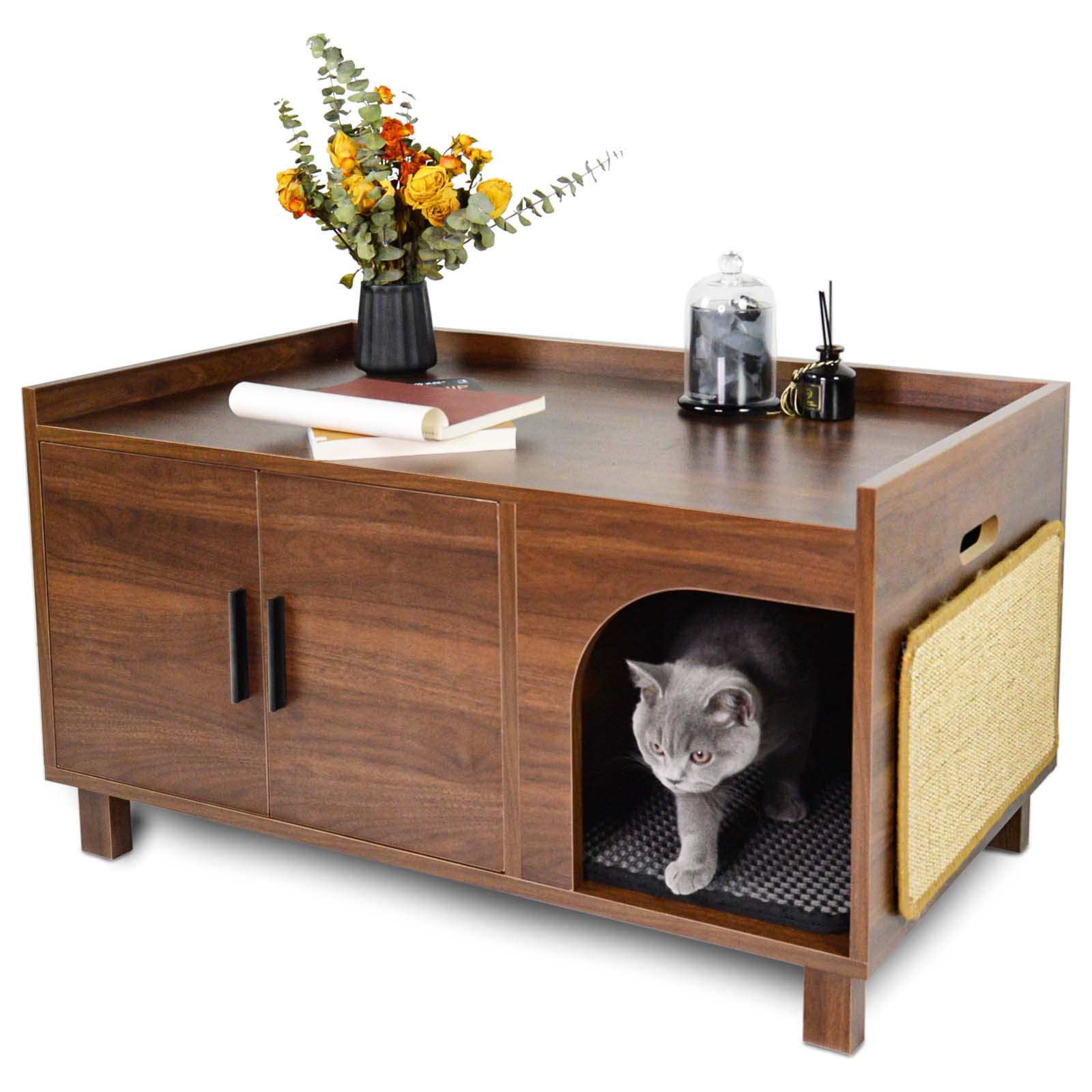 Pluroof Cat Litter Box Enclosure, Modern Cat Washroom Furniture Hidden Litter Box Cabinet As Indoor Decorative Nightstand With Scratching Pad, Rustic Brown