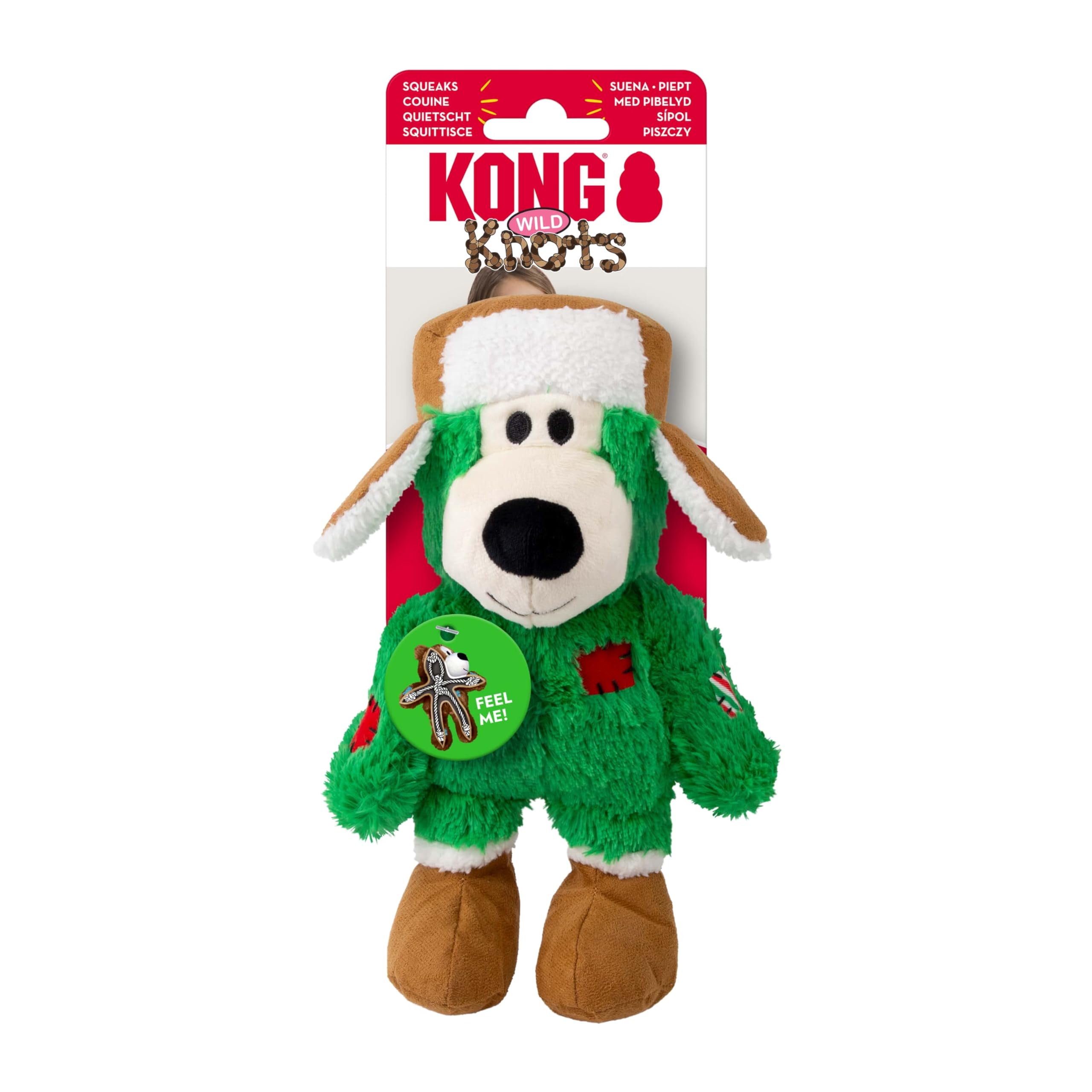 KONG Christmas Holiday Wild Knots Bear Dog Toy - Durable Rope Skeleton, Squeaker for Long-Lasting Play, Less Stuffing for Less M