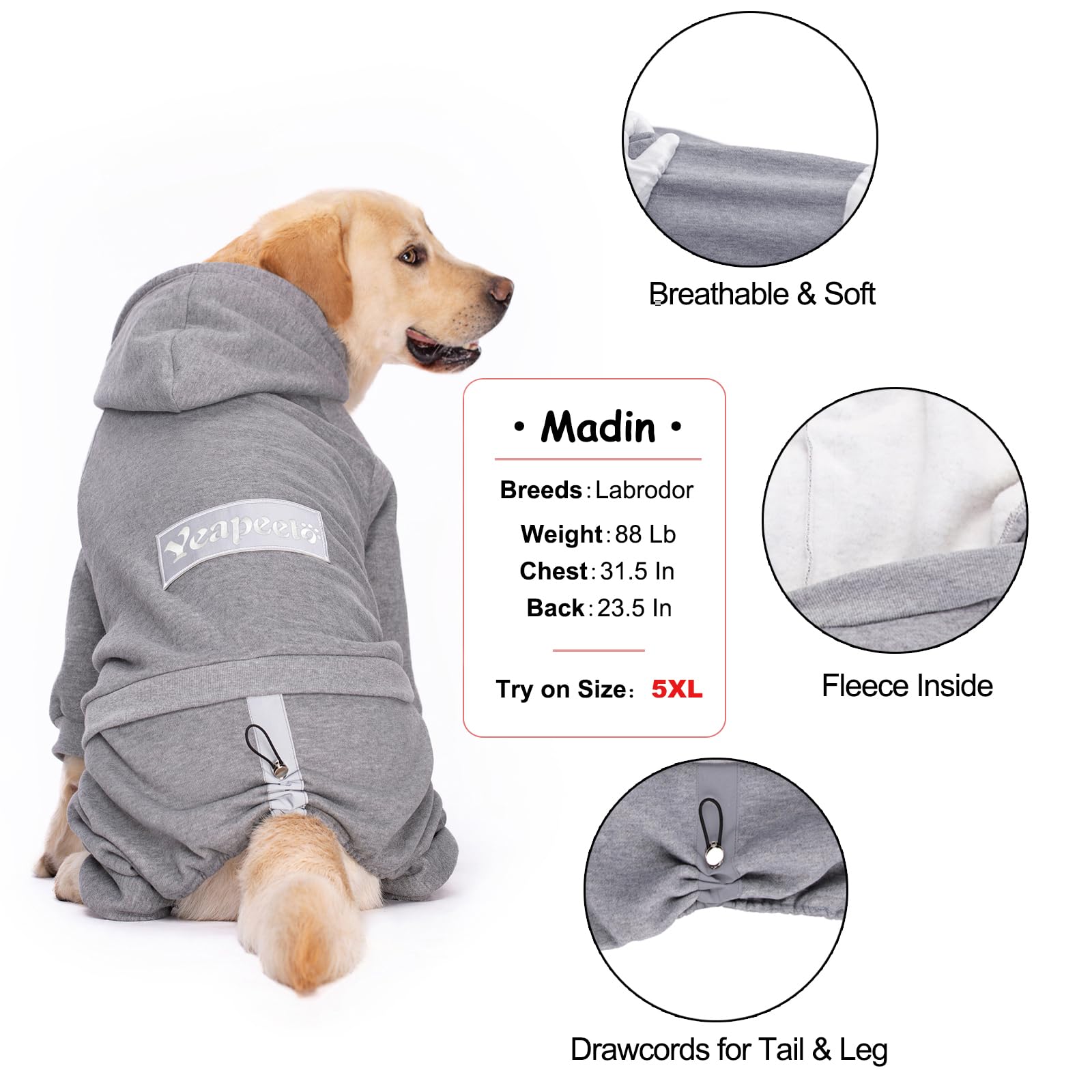 Grey 3X-Large Dog Hoodie For Winter, Pullover 4 Legs Warm Coat, Fleece Hoodie Sweatshirt
