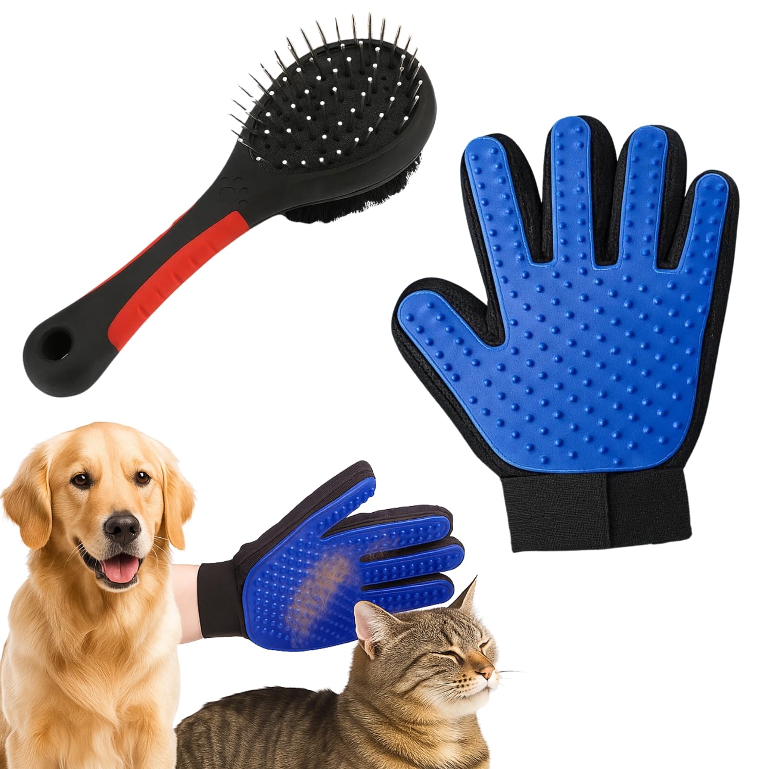Wiggleboo 2 In 1 Pet Bathing Grooming Combo Double Side Dog Cat Brush With Metal & Soft Bristles | One Sided Deshedding Massage 
