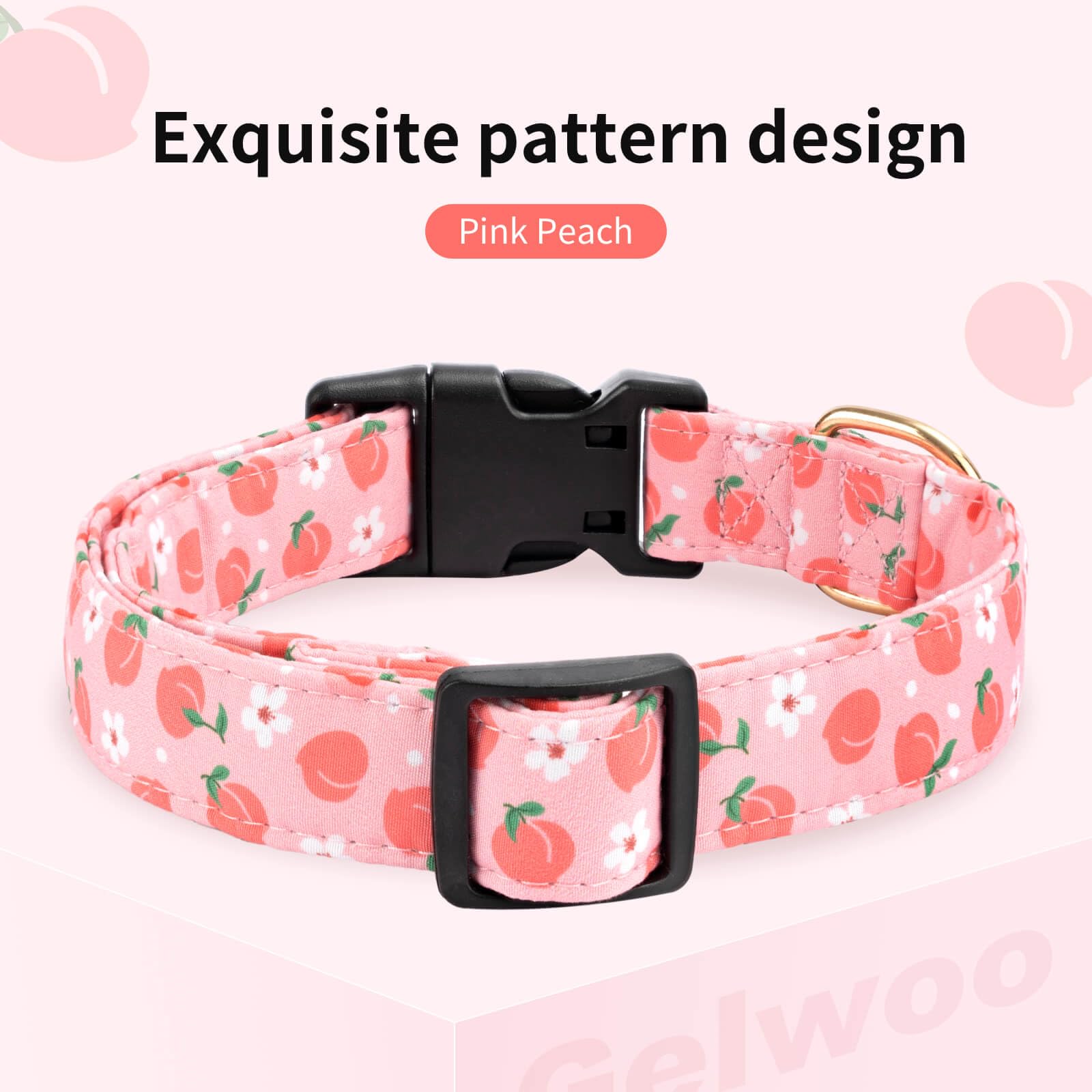Gelwoo Cotton Dog Collar,Soft and Cute Puppy Collars with Peach Patterned Design for Girl Female Boy Dogs,Adjustable Buckle Pet