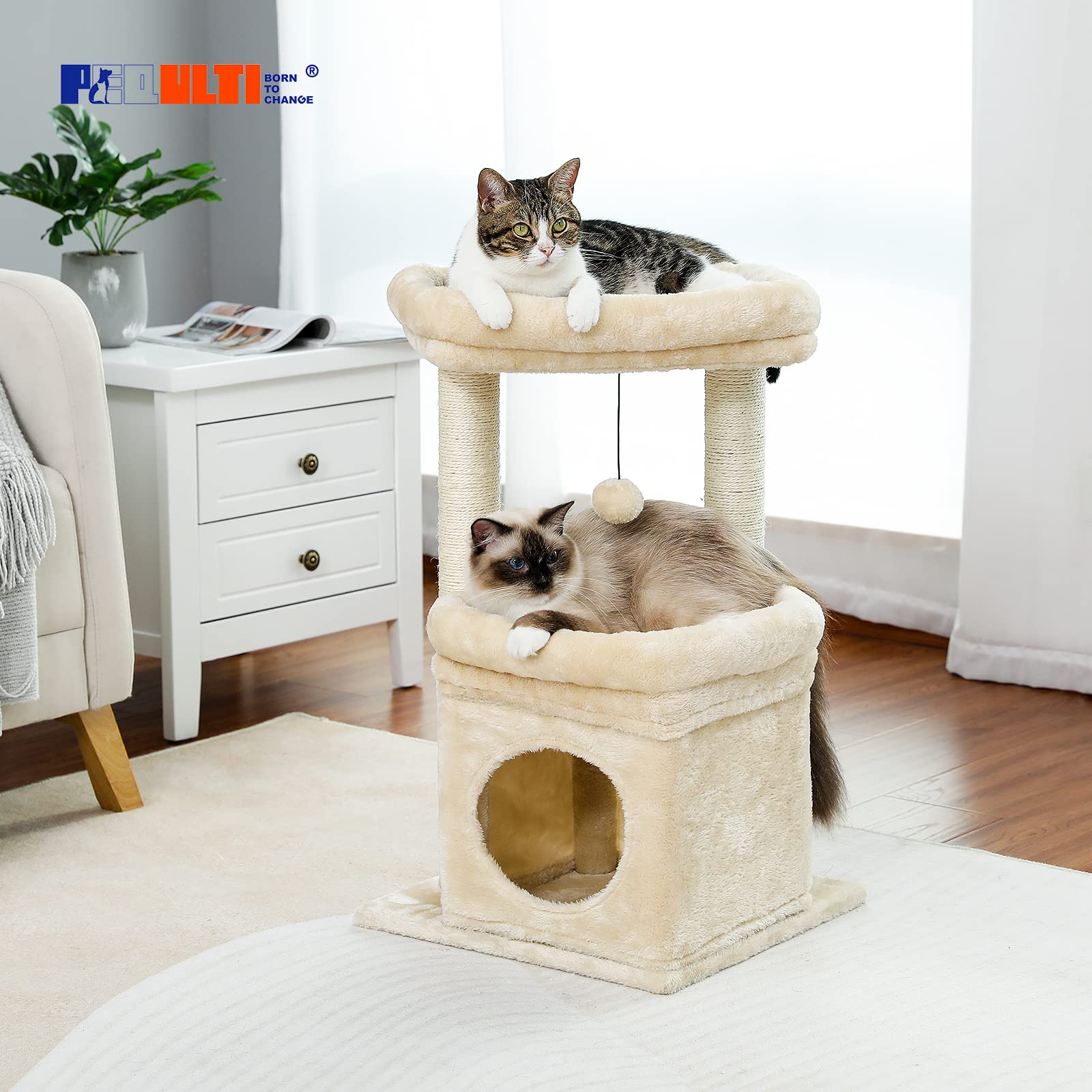 Pequlti Cat Tree Cat Tower For Indoor Cats With Private Cozy Cat Condo, Natural Sisal Scratching Posts And Plush Pom-Pom For Small Cats,Beige