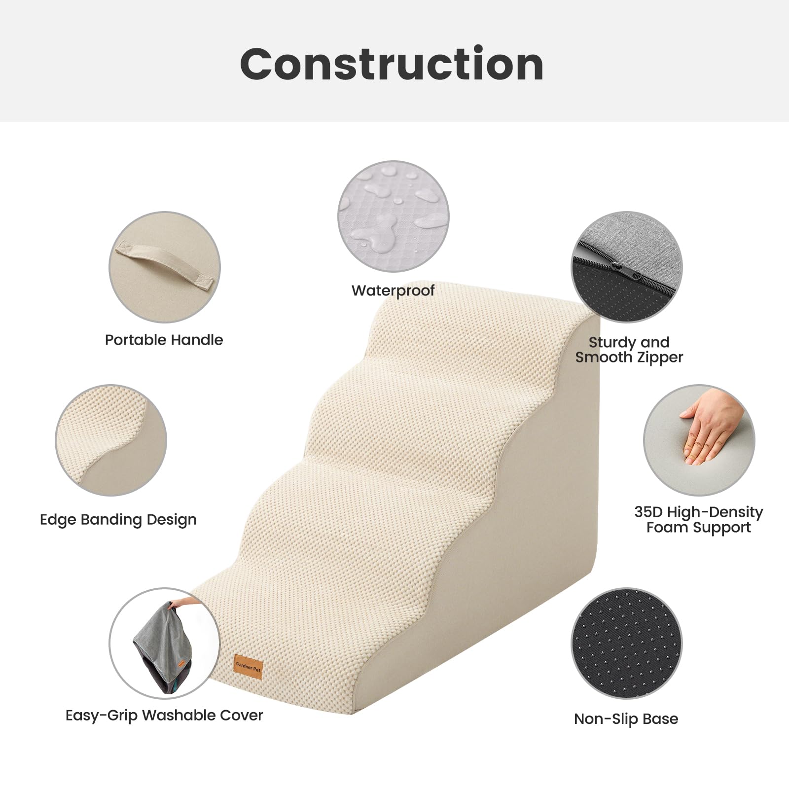Gardner Pet Dog Stairs for Small Dogs 19.7 H, 4-Step Beige Curved Pet Stairs, Dog Steps for High Bed (18-24 in), Couch with Dura