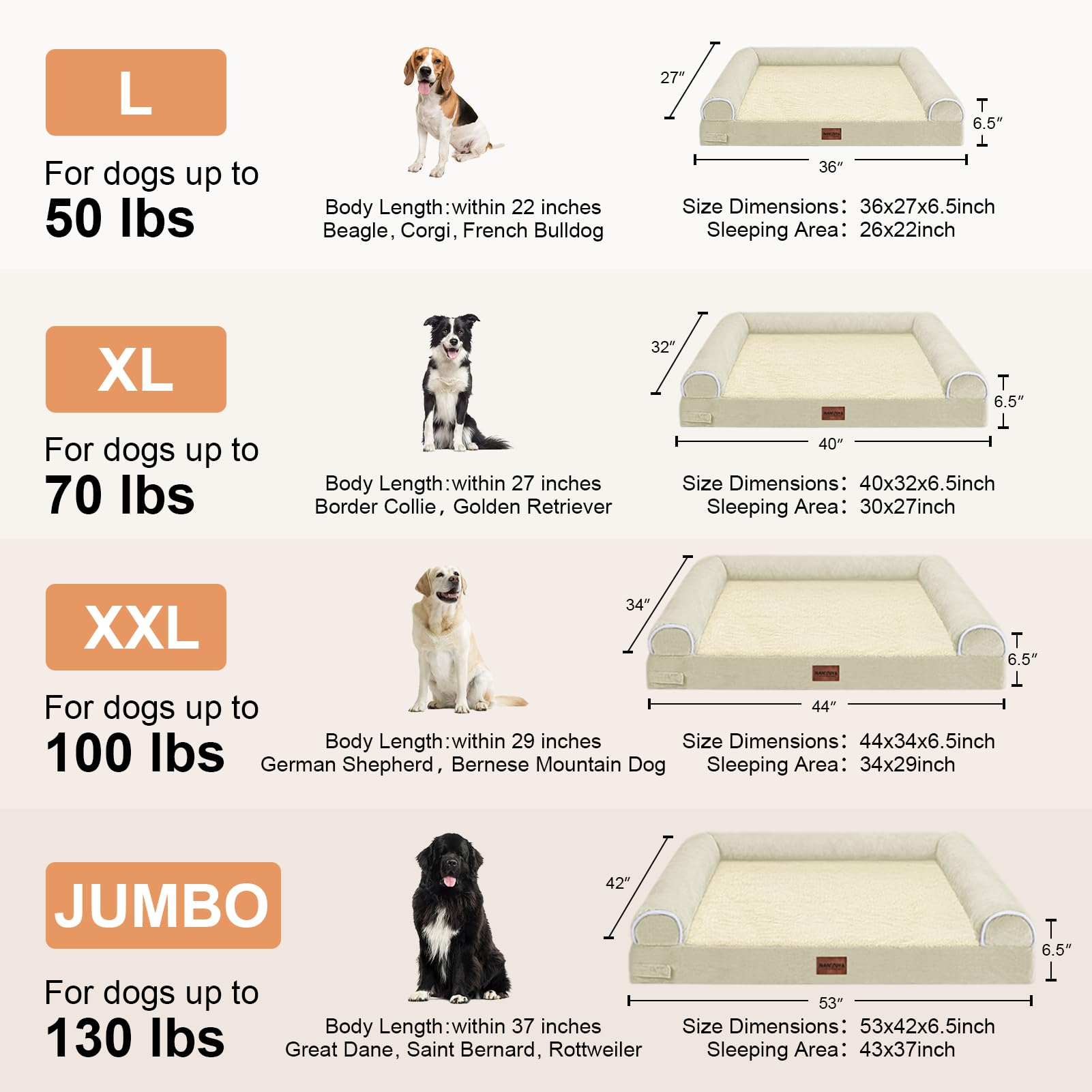 Large Dog Bed Orthopedic Washable: Beds Bolster Xl Bed Big Xlarge Dogs Egg Crate Foam Couch Sofa Waterproof With Removable Cover - Beige