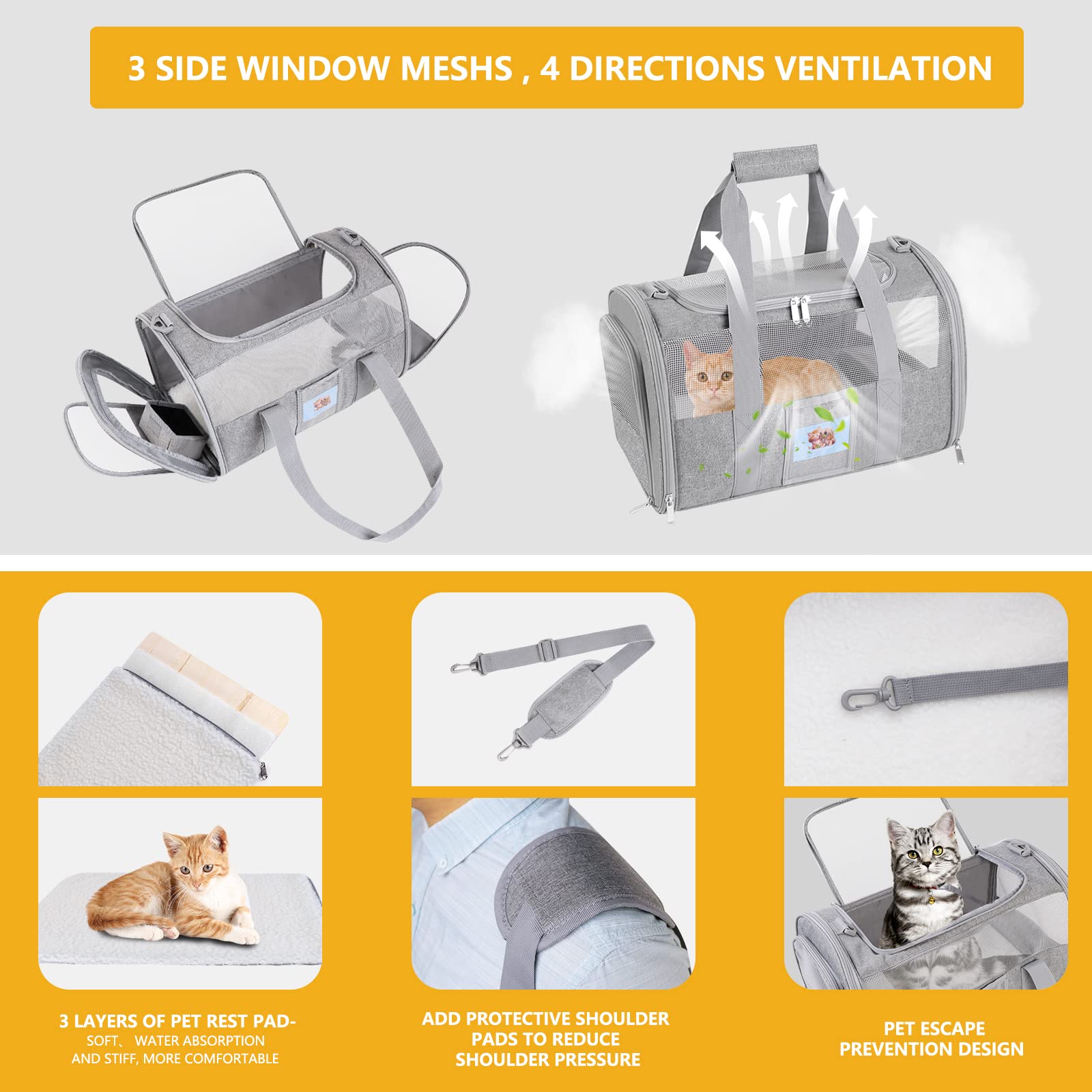 SECLATO Pet Carrier for Small Medium Dogs & Cats, TSA Approved, Collapsible, Grey, Model XC005, Under 15lb
