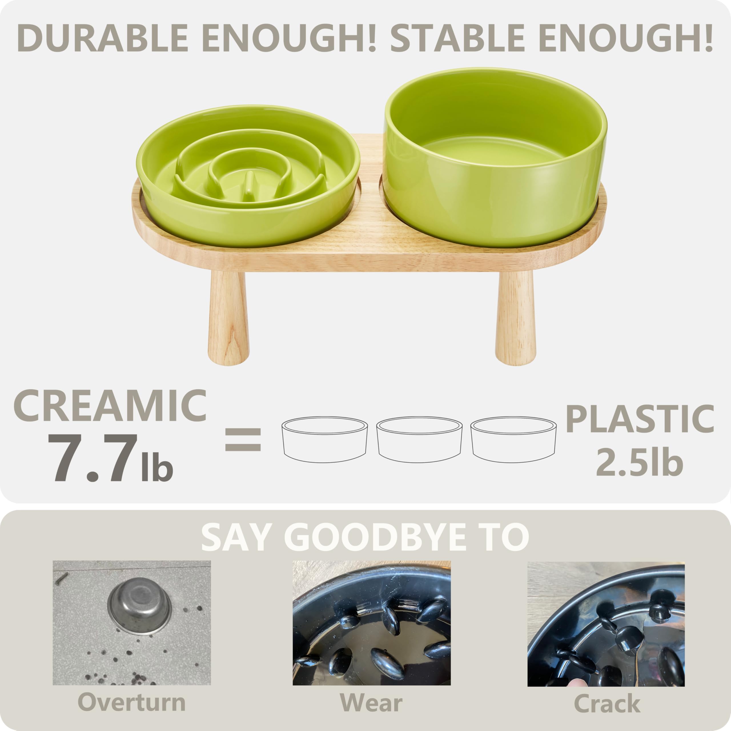 MOPANG Ceramic Slow Feeder and Water Bowl Set for Medium/Large Dogs, 30oz & 70oz, Elevated Wooden Stand, Green