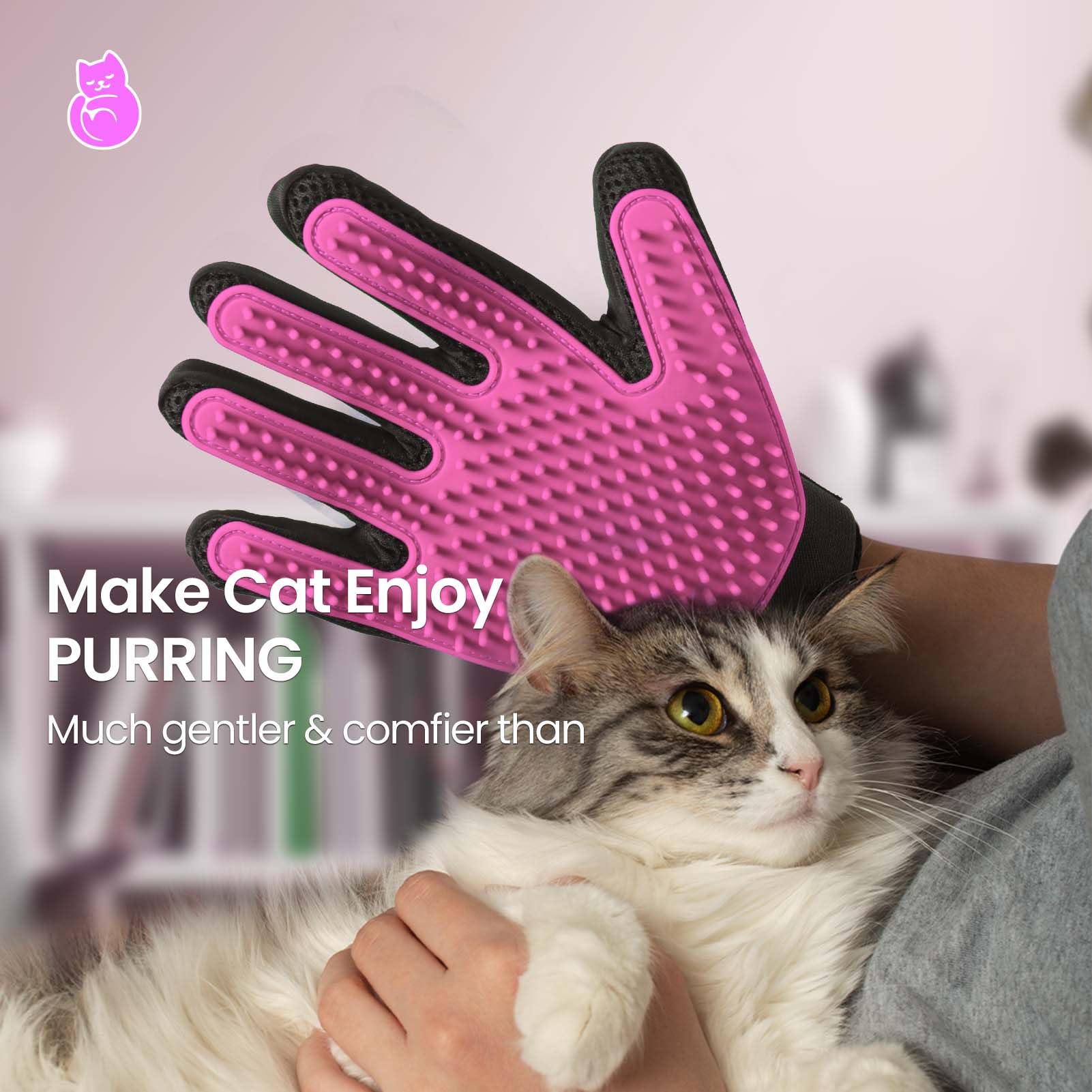Delomo Pet Grooming Gloves, Upgrade Version With Enhanced 255 Silicone Grooming Tips, Hair Remover Mittens For Dogs & Cats, Bath Brush, 1 Pair (Pink)