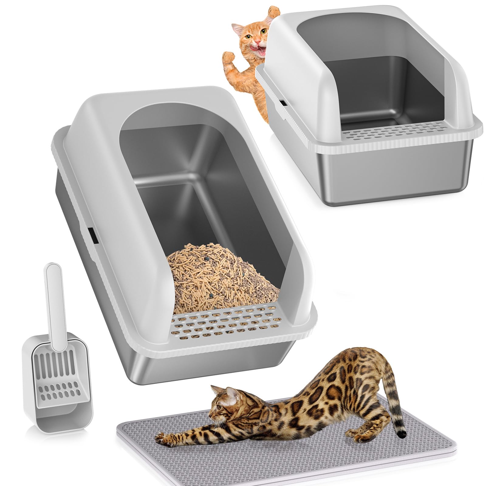2 Pack Stainless Steel Litter Box Witn High Sides, Extra Large Cat Litter Box With Lid, Metal Litter Boxes For Multiple Cats, An