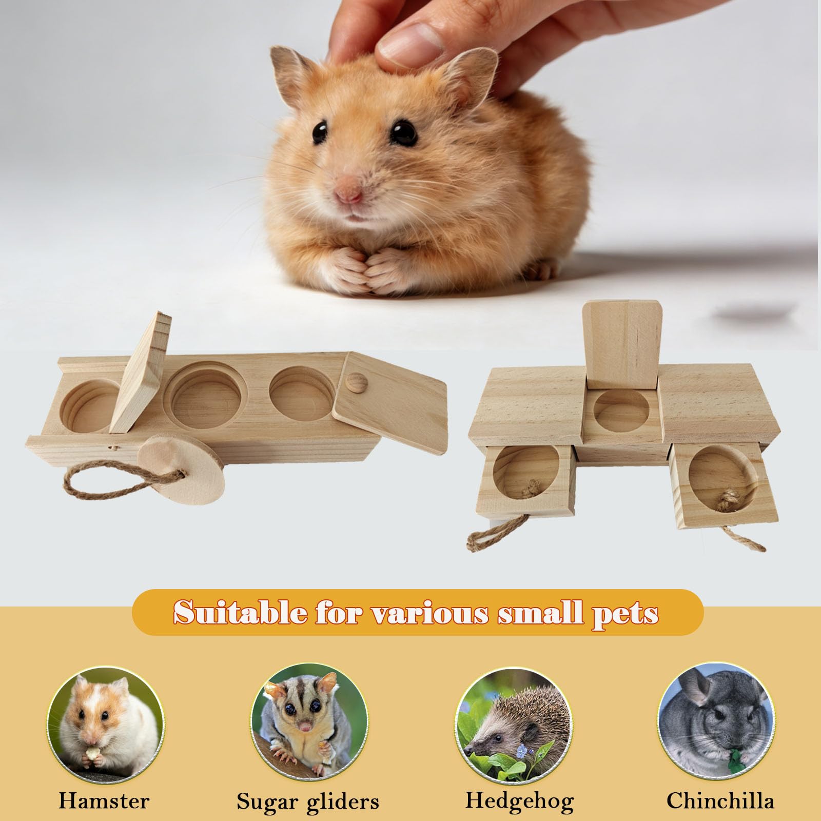JINYOND 2 PCS Wooden Foraging Toys for Guinea Pigs Hamsters Chinchillas Natural Pinewood Puzzle Feeder with Drawers & Ropes Smal