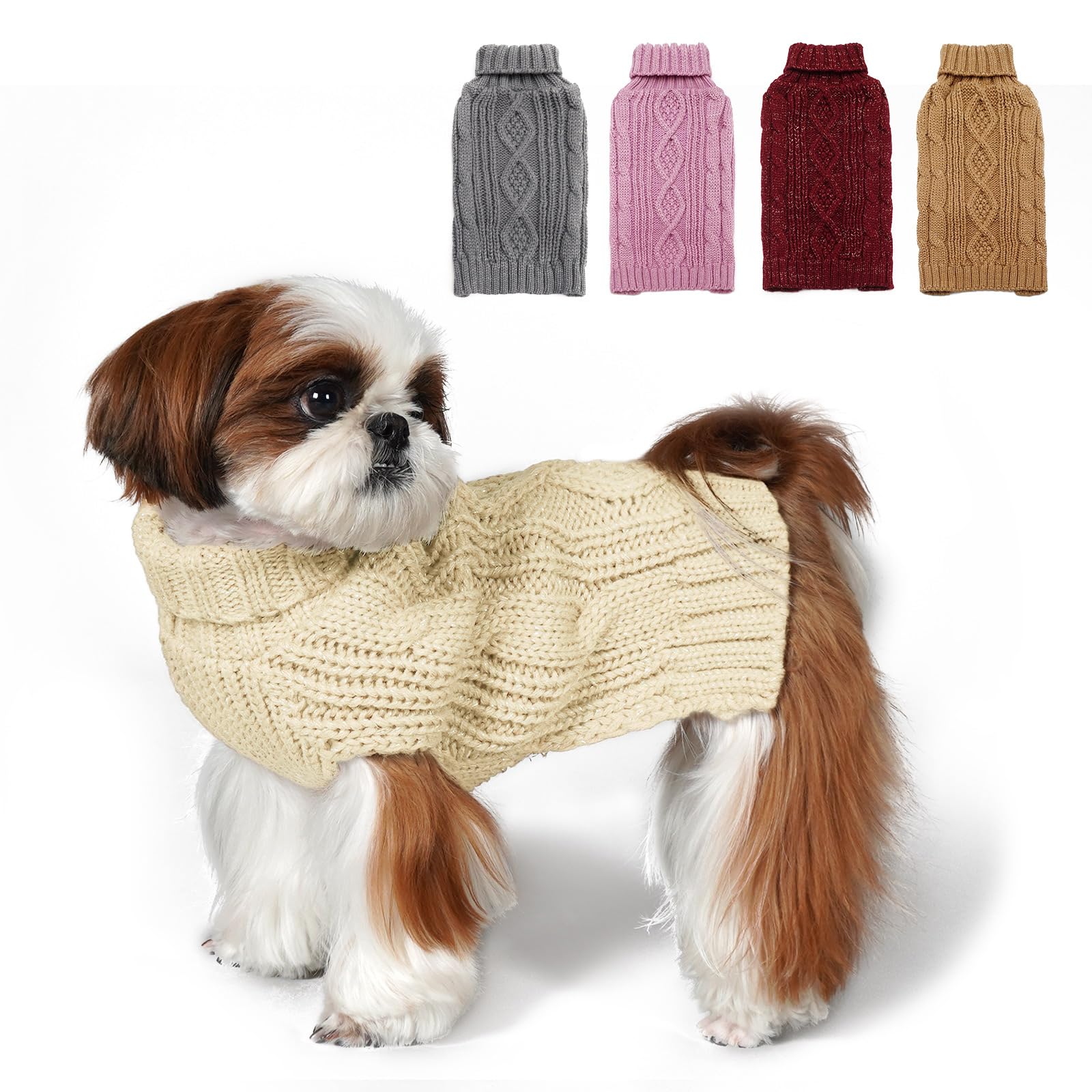 Kyeese Dog Sweaters For Medium Dogs Turtleneck Dog Cable Knit Puppy Sweater With Golden Thread For Cold Weather, Beige, Large