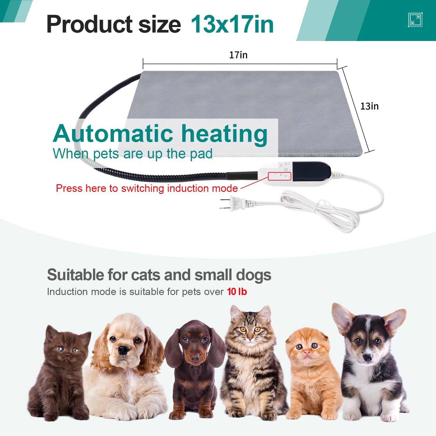 M MIMMU Smart Cat Heating Pad - Pressure Activated, Adjustable Temperature, 13x17 inches, PVC, Grey, Model PHP1014