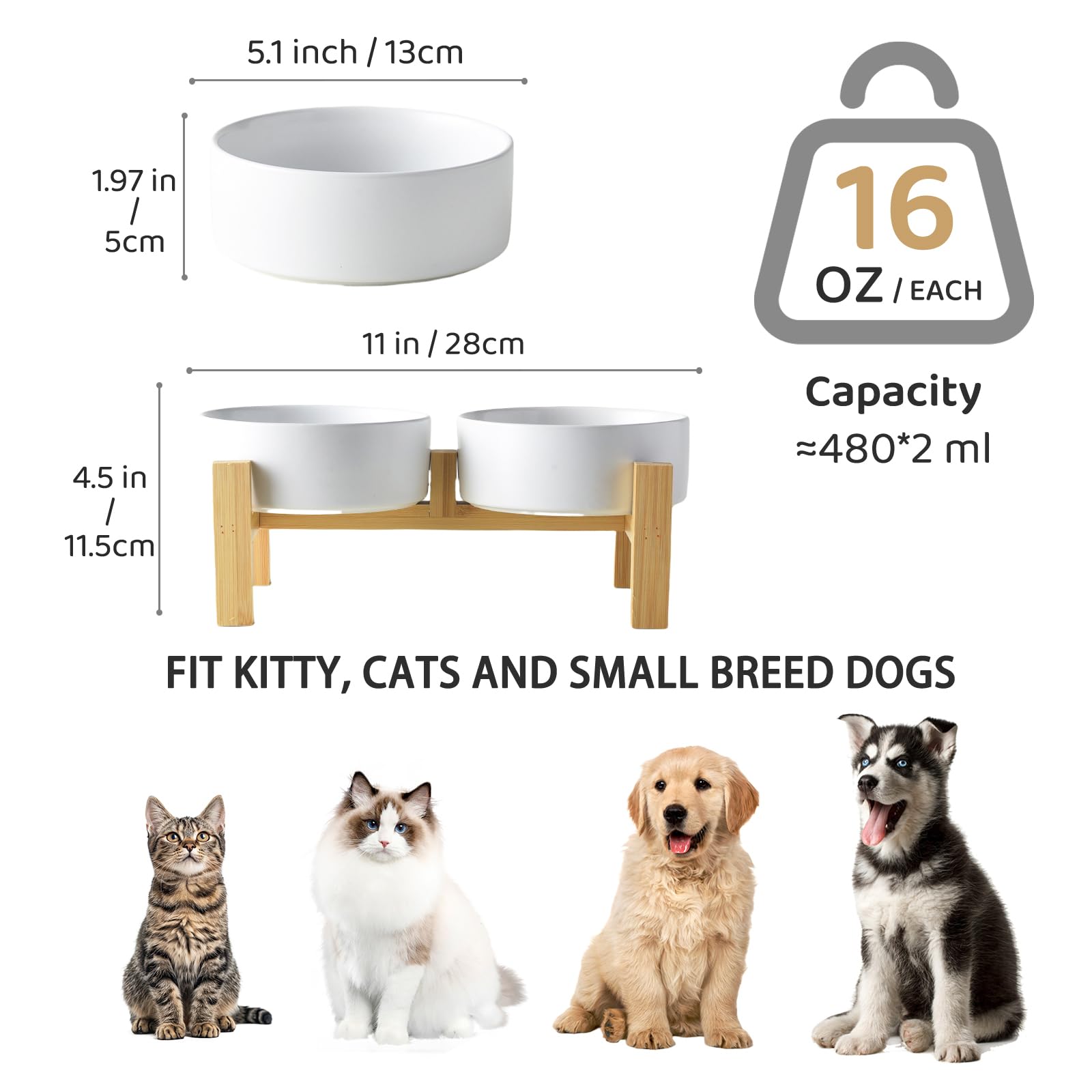 Welloyed Elevated Ceramic Dog Bowl Set - Raised Dog Bowls with Non Slip Bamboo Stand, Food and Water Bowl Set for Kitty, Cats an