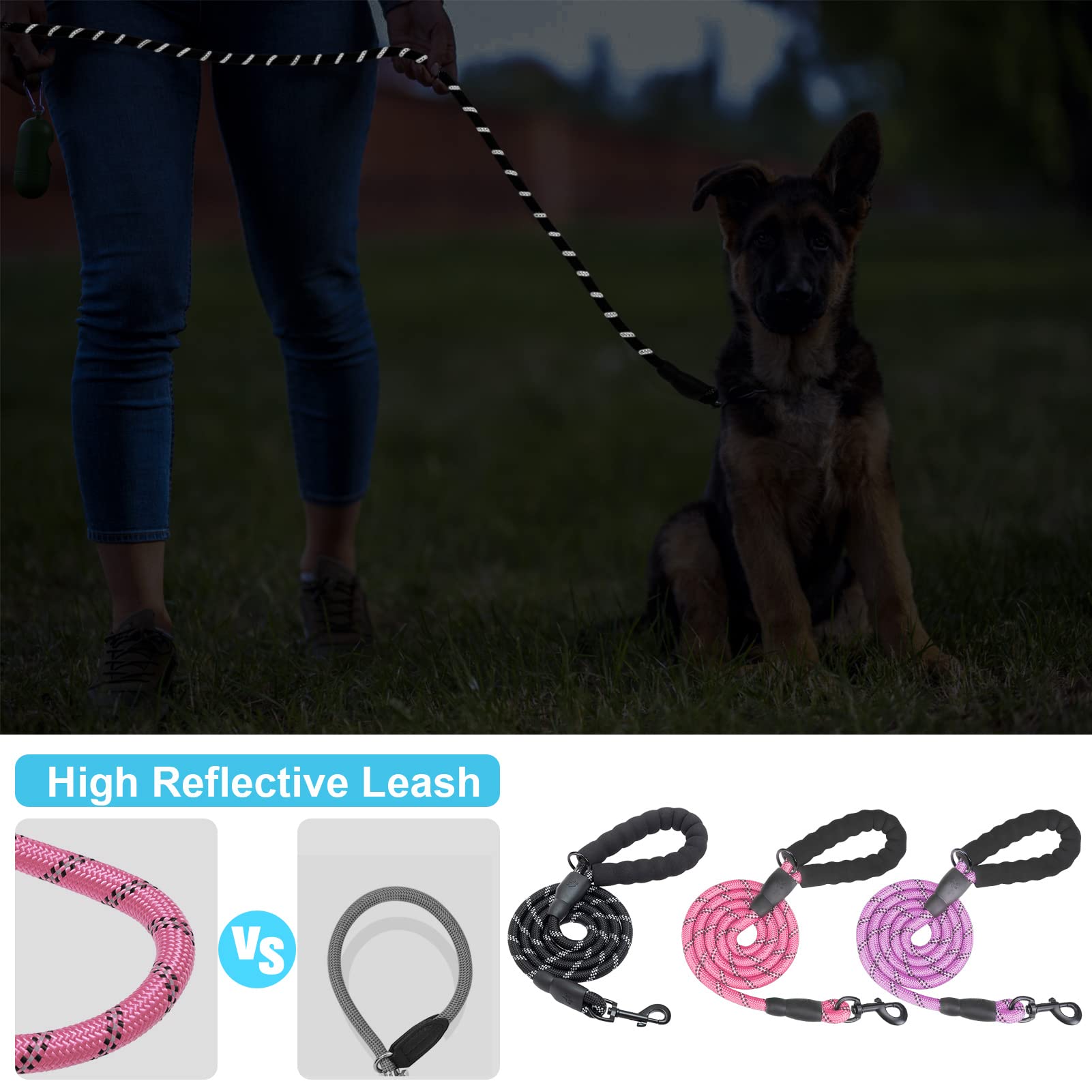 Beautyzoo Heavy Duty Rope Dog Leash 3 Pack, 6Ft Nylon Pet Leash With Reflective Thread, Soft Padded Handle Thick Lead Strong Dog