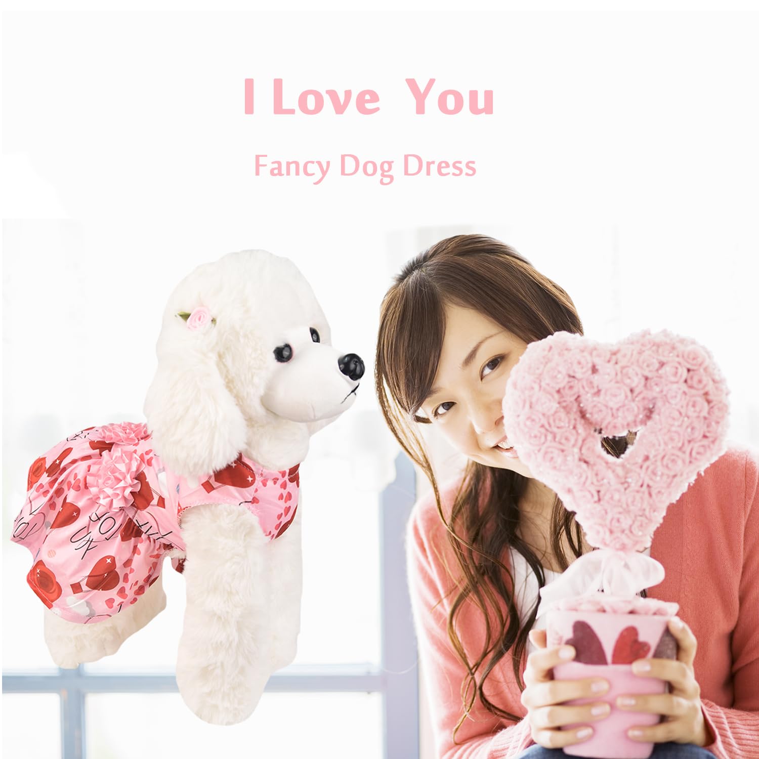 Muyaopet Pink Dog Dress Dog Pet Cat Valentines Clothes Outfit Flower Tutu Skirt Dresses For Small Dogs Cat Girl(I Love You, L)