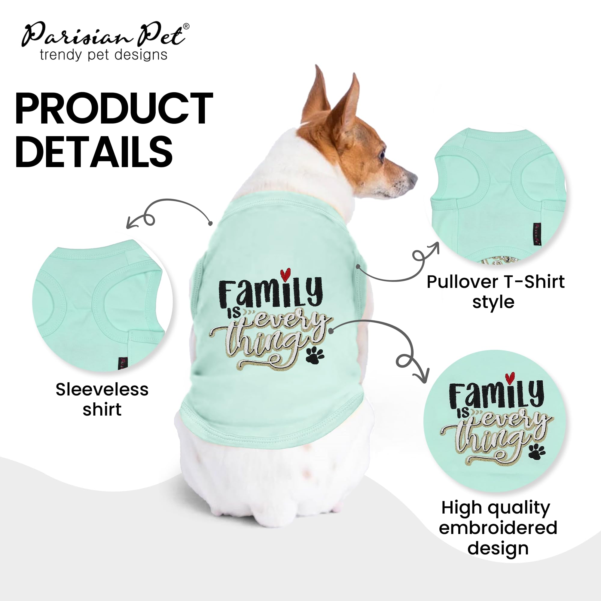 Parisian Pet Unisex Dog Tshirt - Embroidered “ Family Is Everything “ Dog Shirt - Breathable And Lightweight Dog Clothes - Sleeveless Dog Tee Shirts - Machine Washable Dog Shirt For Large Dogs - 2Xl
