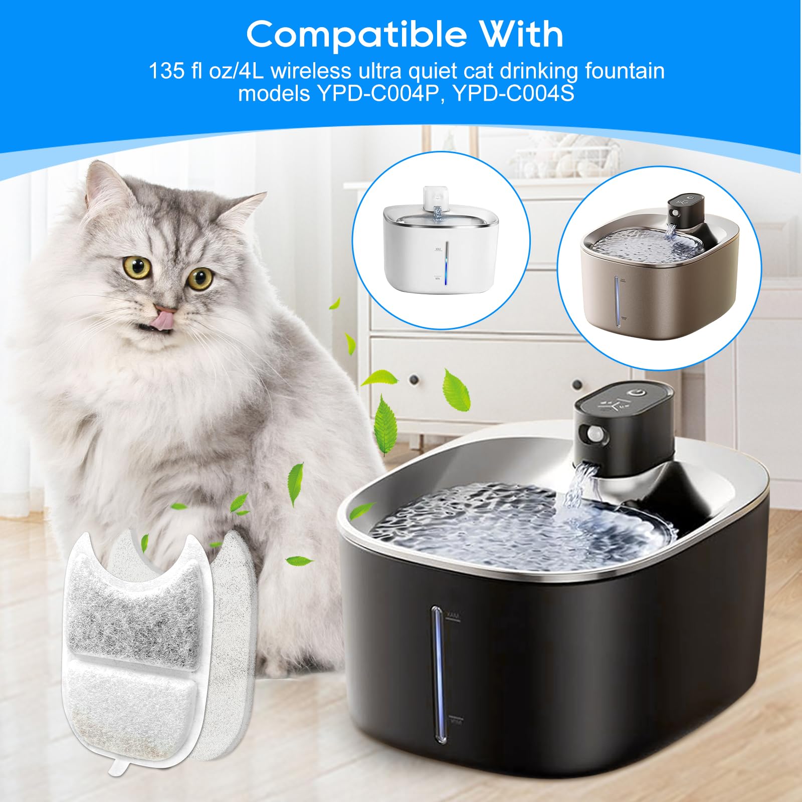 Cunina 8+8 Set Cat Water Fountain Filters & Pump Sponges For 135 Fl Oz/4L Wilreless Cat Water Fountain, Replacement Filters & Sp