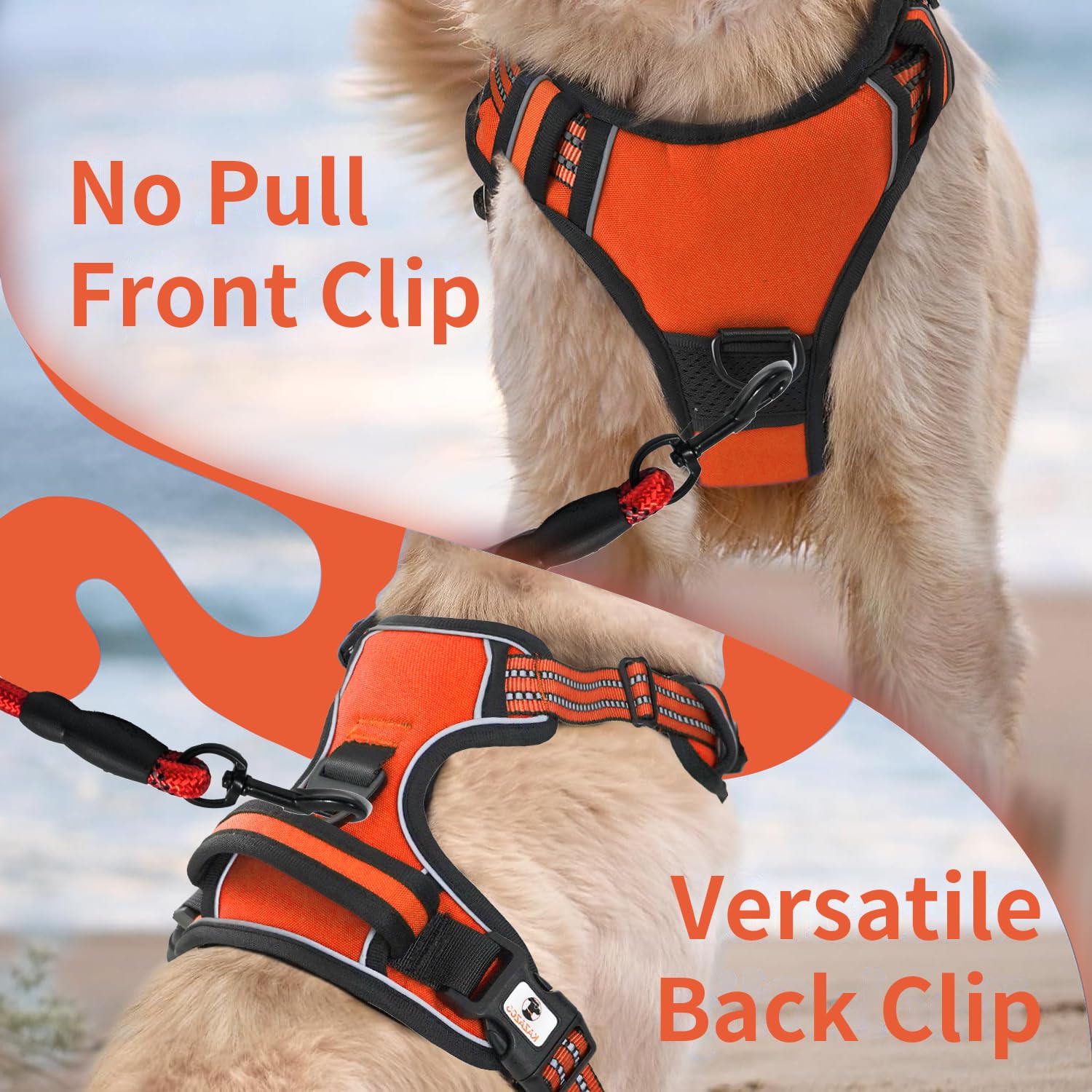kazazoo Dog Harness, No-Pull Pet Breathable Harness, Adjustable Soft Padded Dog Vest with 2 Leash Clips, Reflective No-Choke Pet