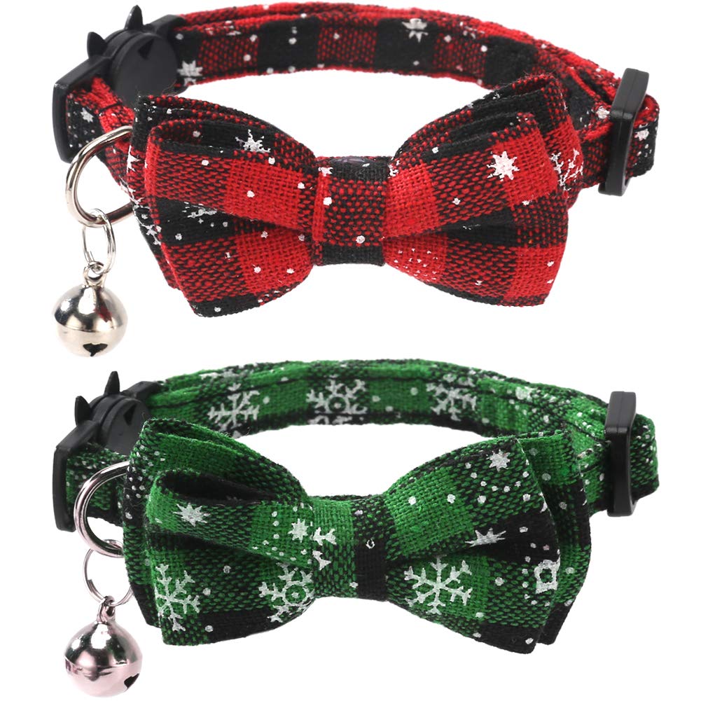 Lamphyface 2 Pack/Set Christmas Cat Collar Breakaway With Cute Bow Tie And Bell For Kitty Adjustable Safety Plaid