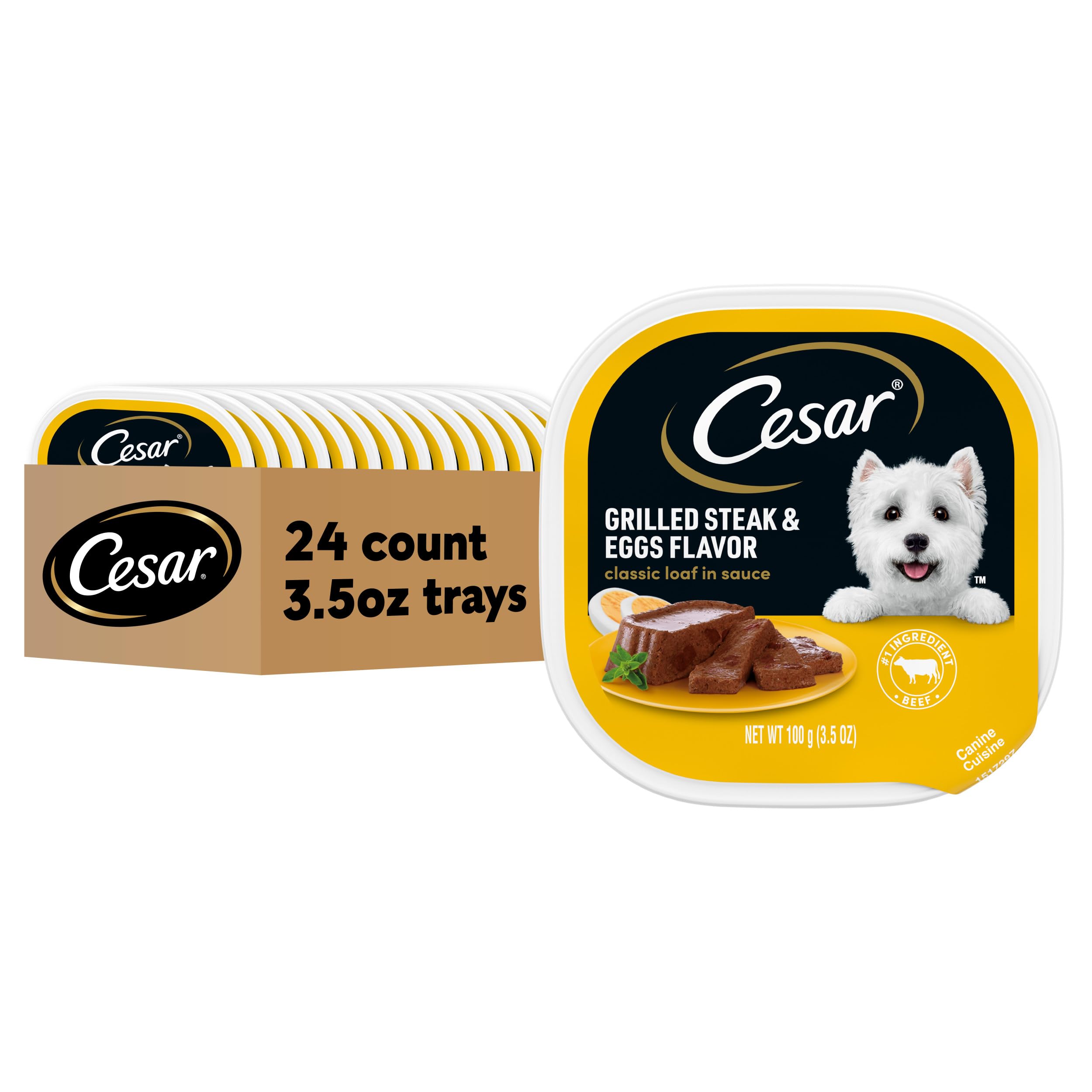 Cesar Wet Dog Food Classic Loaf in Sauce Grilled Steak and Eggs Flavor, 3.5 oz. Easy Peel Trays (24 Count, Pack of 1)