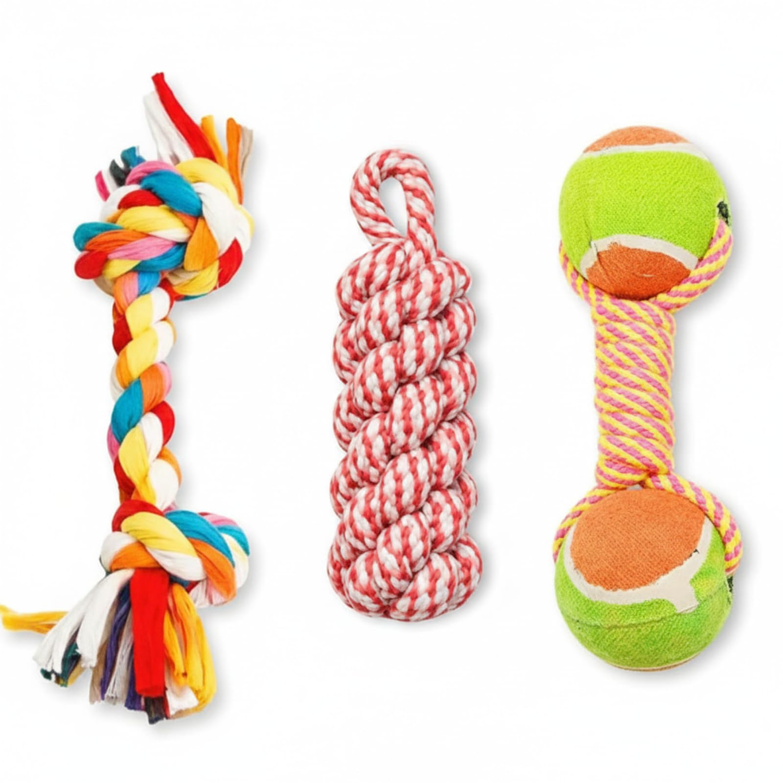 Kittupet 3In1 Cotton Rope Dog Chew Toys Combo (2 Knot + Corn Stick + DualTennis Knotted) For Dogs & Puppies  Durable Pet Den