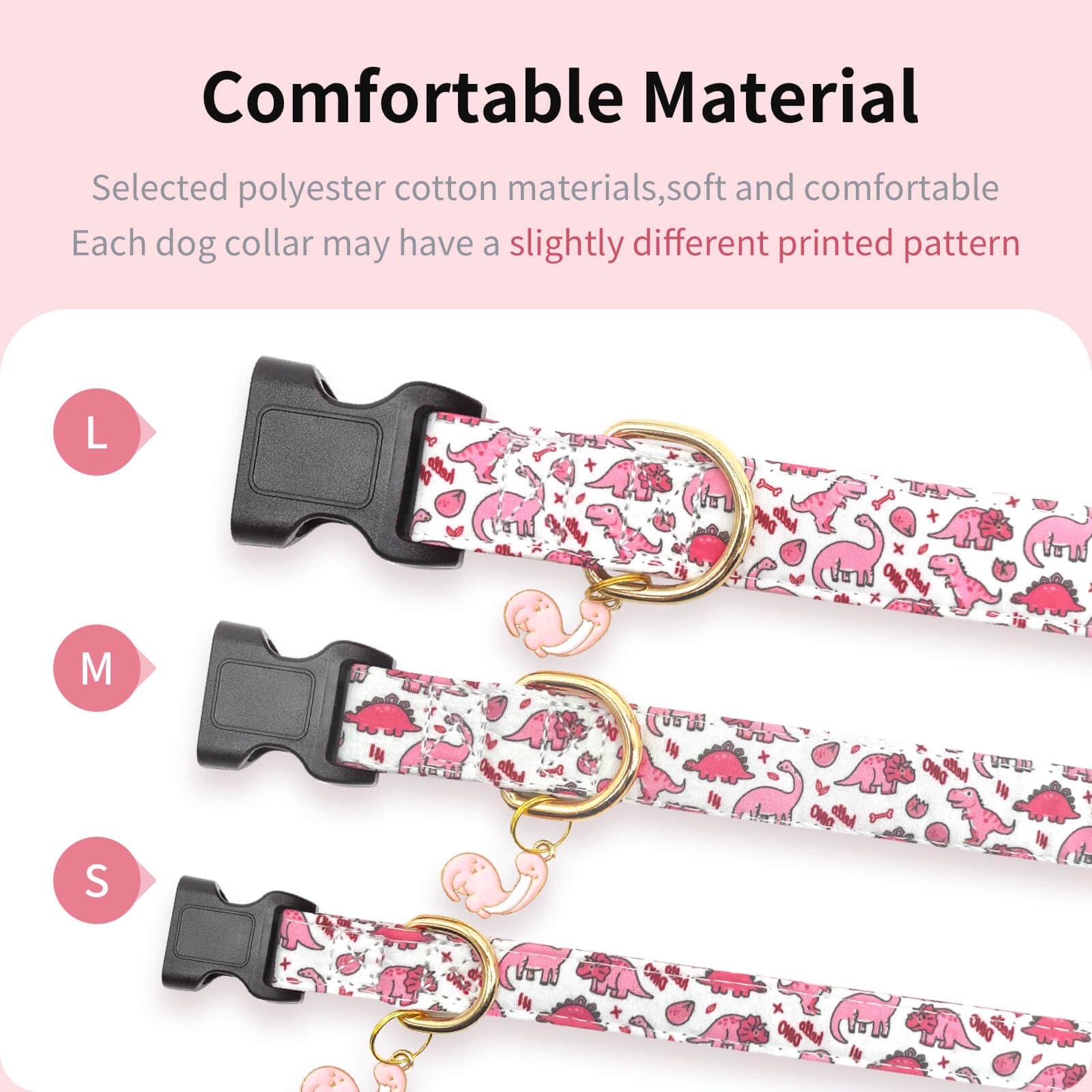 Gelwoo Cotton Dog Collar,Soft and Cute Puppy Collars with Pink Dinosaur Patterned Design for Girl Female Boy Dogs,Adjustable Buc
