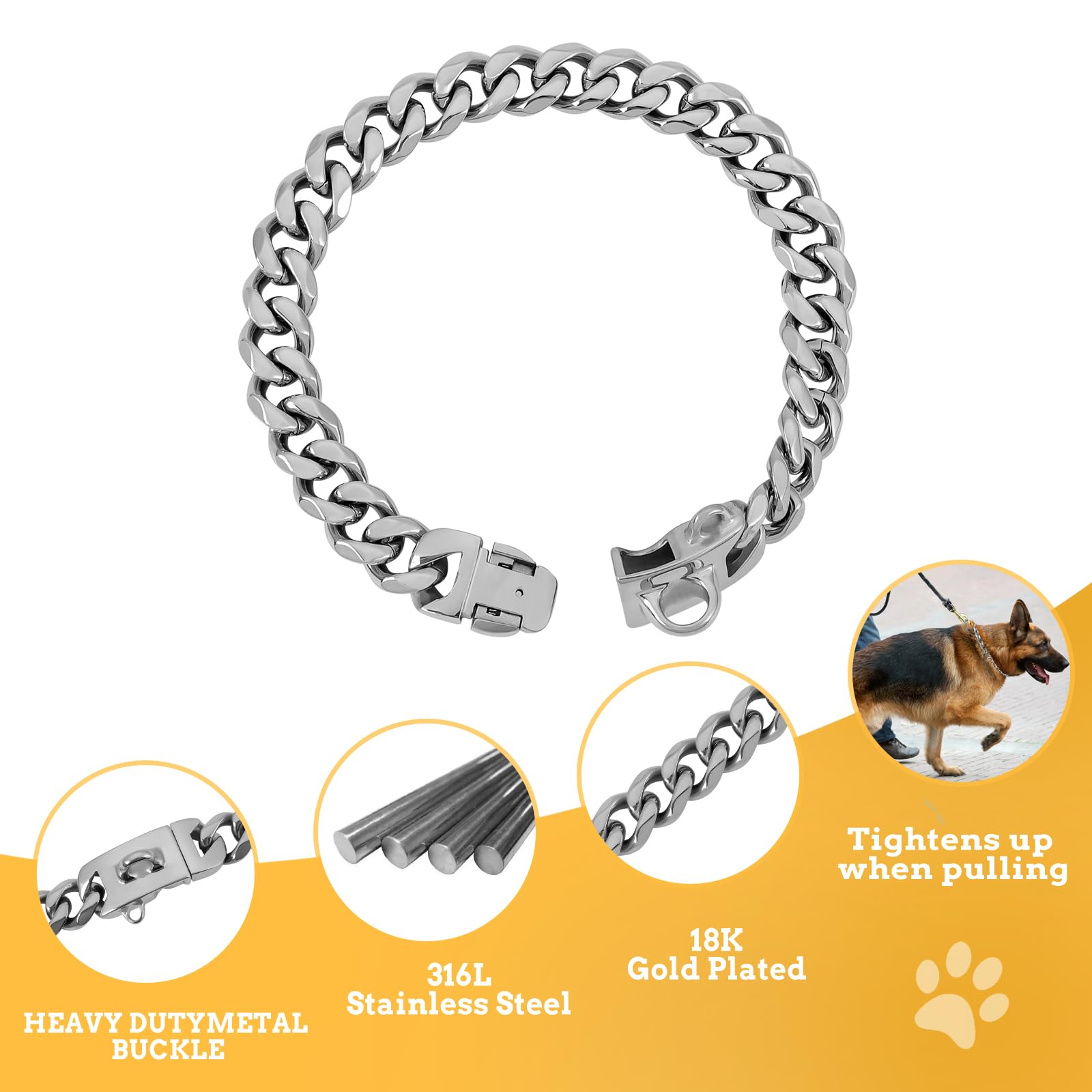 Baobote 15Mm Silver Stainless Steel Dog Collar With Cuban Link Chain Heavy Duty Chew Proof Training Collar For Dogs(12'' Silver)