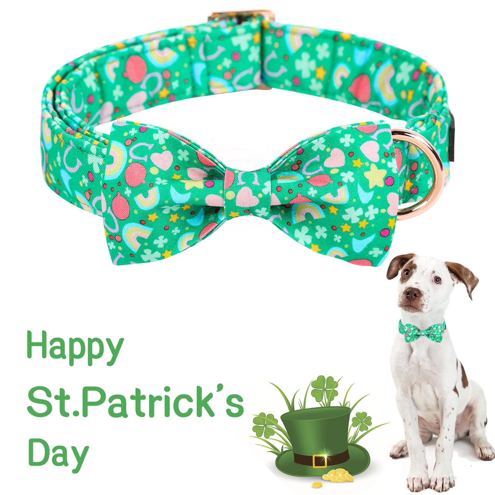Unique Style Paws St. Patrick 'S Day Dog Collar With Bow Tie Rainbow Clover Heart Puppy Collar For Small Medium Large Boys Girls