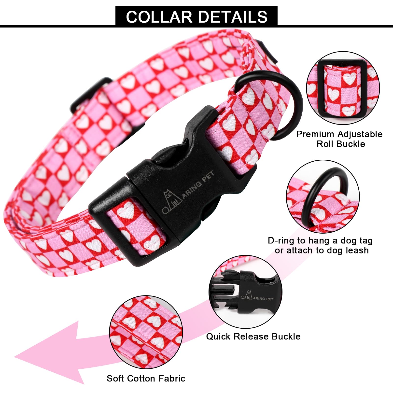 Aring Pet Valentine'S Day Dog Collar-Cotton Pink Heart Dog Collar, Adjustable Valentine Pet Collars Girl Puppy Collar With Quick