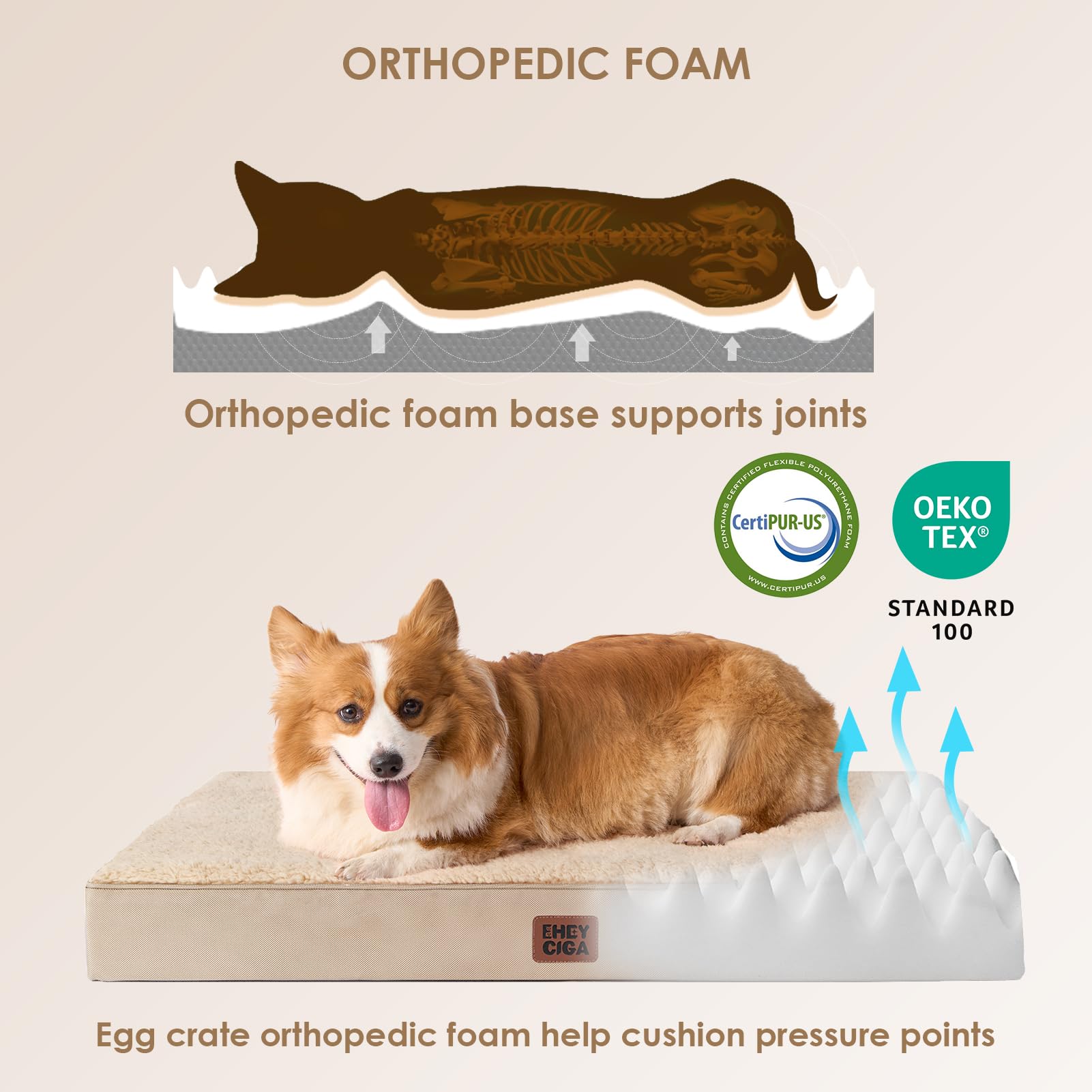 Eheyciga Orthopedic Xl Dog Beds For Extra Large Dogs With Removable Washable Cover, Khaki, 44X32