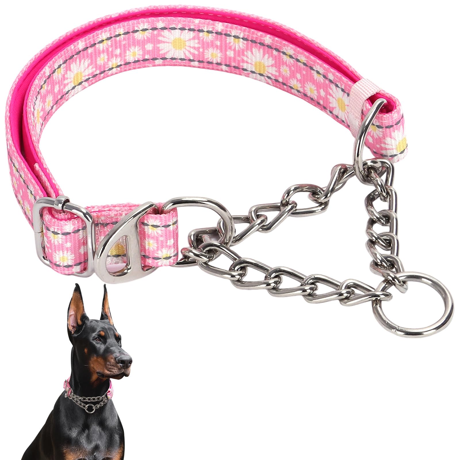 Martingale Collar For Dogs With Pink Daisy,Reflective Nylon Adjustable No Pull Dog Training Chain Collar Training, Walking, Hunt