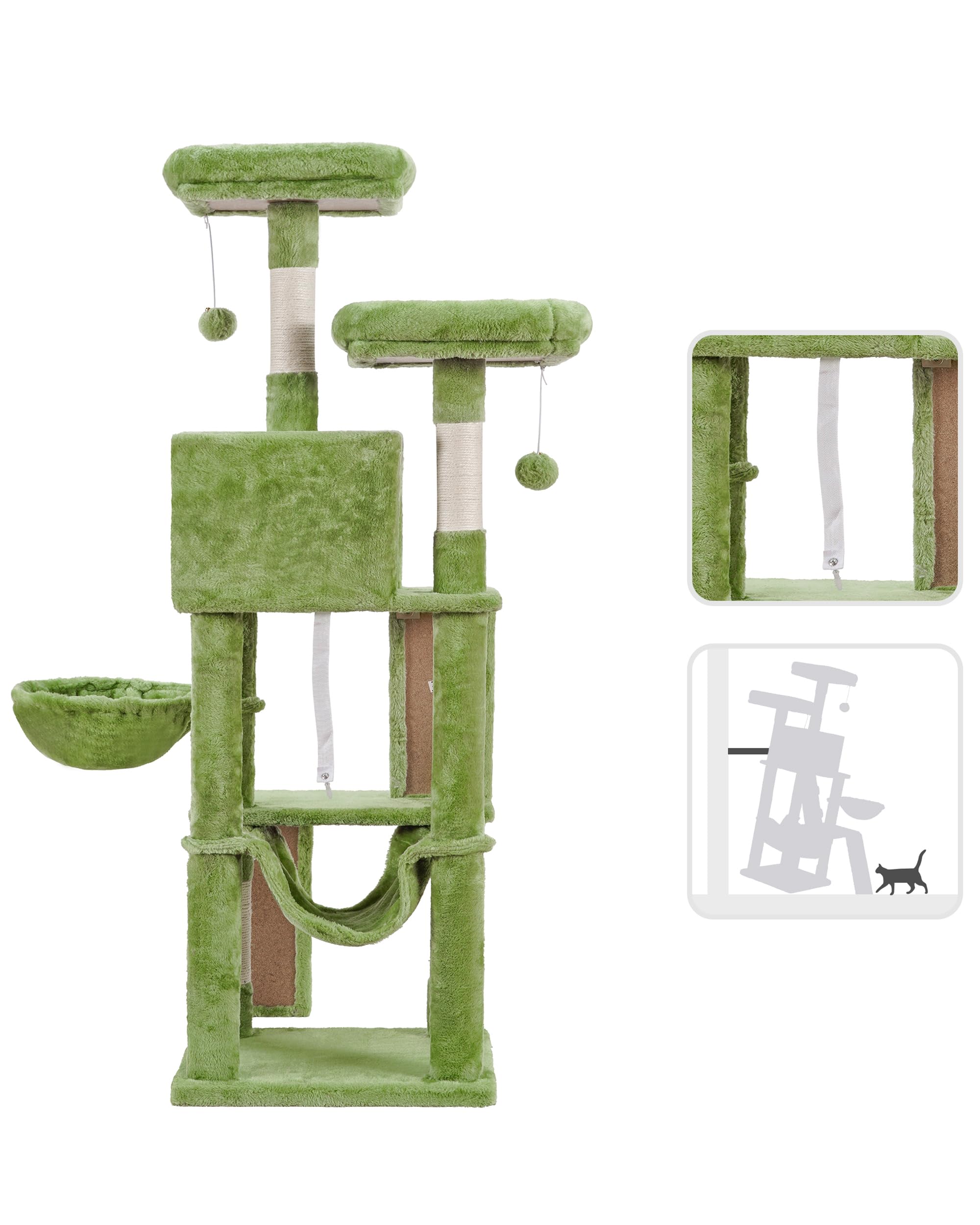 Heybly Cat Tree, Cat Tower For Indoor Cats,Multi-Level Cat Furniture Condo For Cats With Padded Plush Perch, Cozy Basket And Scratching Board Smoky Green Hct014Gr